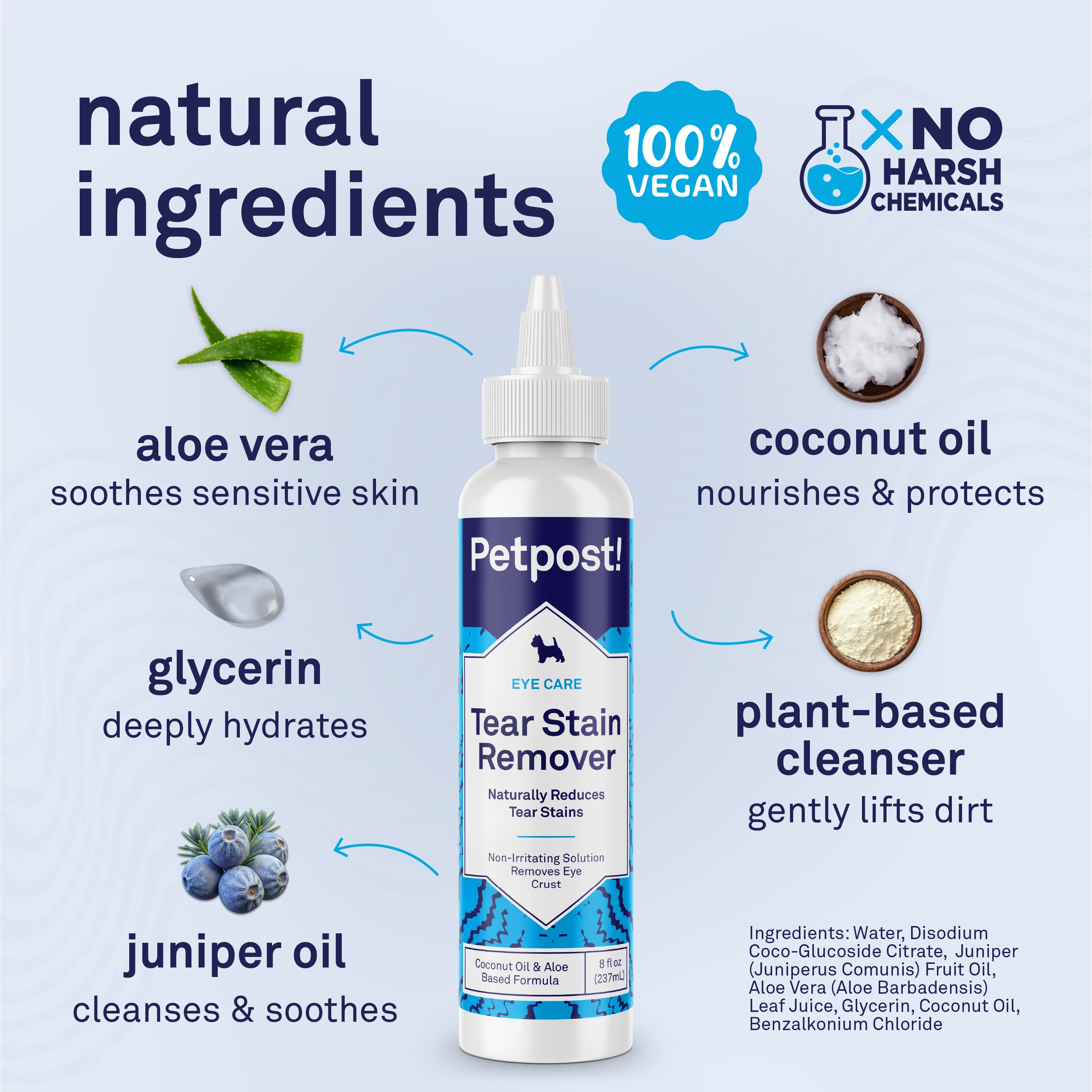 Petpost Tear Stain Remover Solution for Dogs - 8 oz Bottle - Gentle Coconut Oil Eye Cleanser for White Fur Breeds - Chemical & Bleach Free