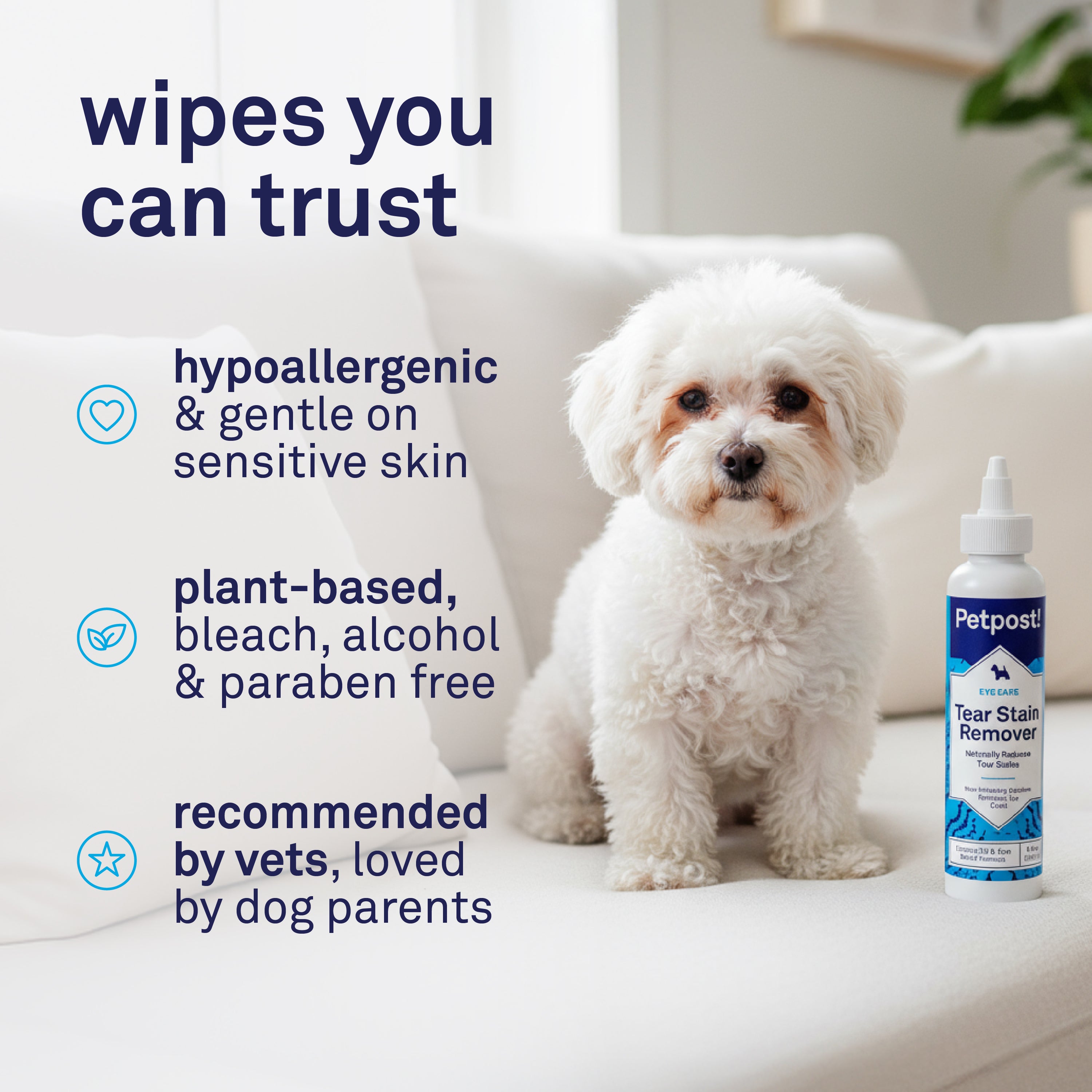 Petpost Tear Stain Remover Solution for Dogs - 8 oz Bottle - Gentle Coconut Oil Eye Cleanser for White Fur Breeds - Chemical & Bleach Free