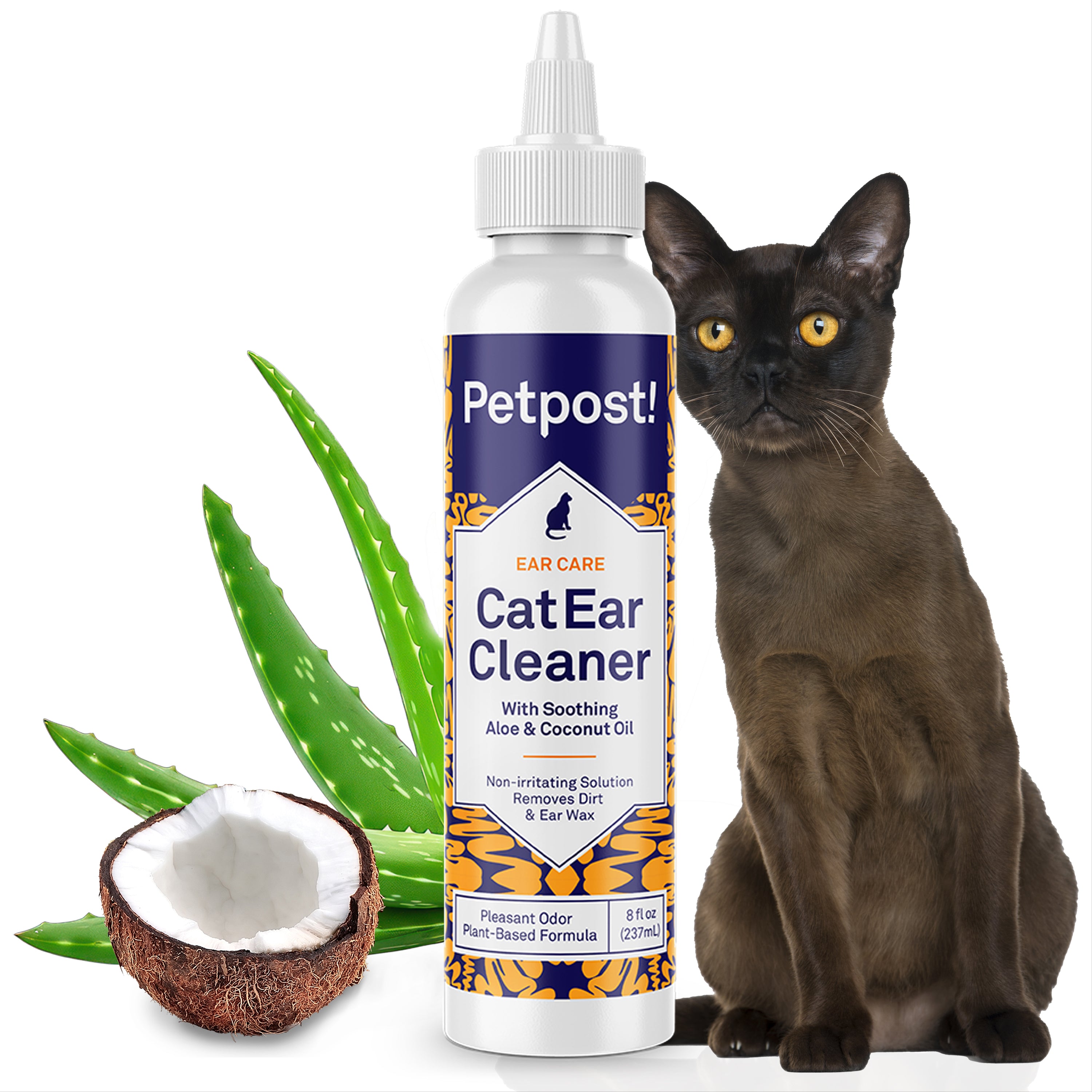 Petpost Cat Ear Cleaner - Natural Coconut Oil & Aloe Drops - Alcohol-Free, Non-Stinging Solution for Wax, Dirt & Odor - Helps Prevent Ear Mites - 8 oz