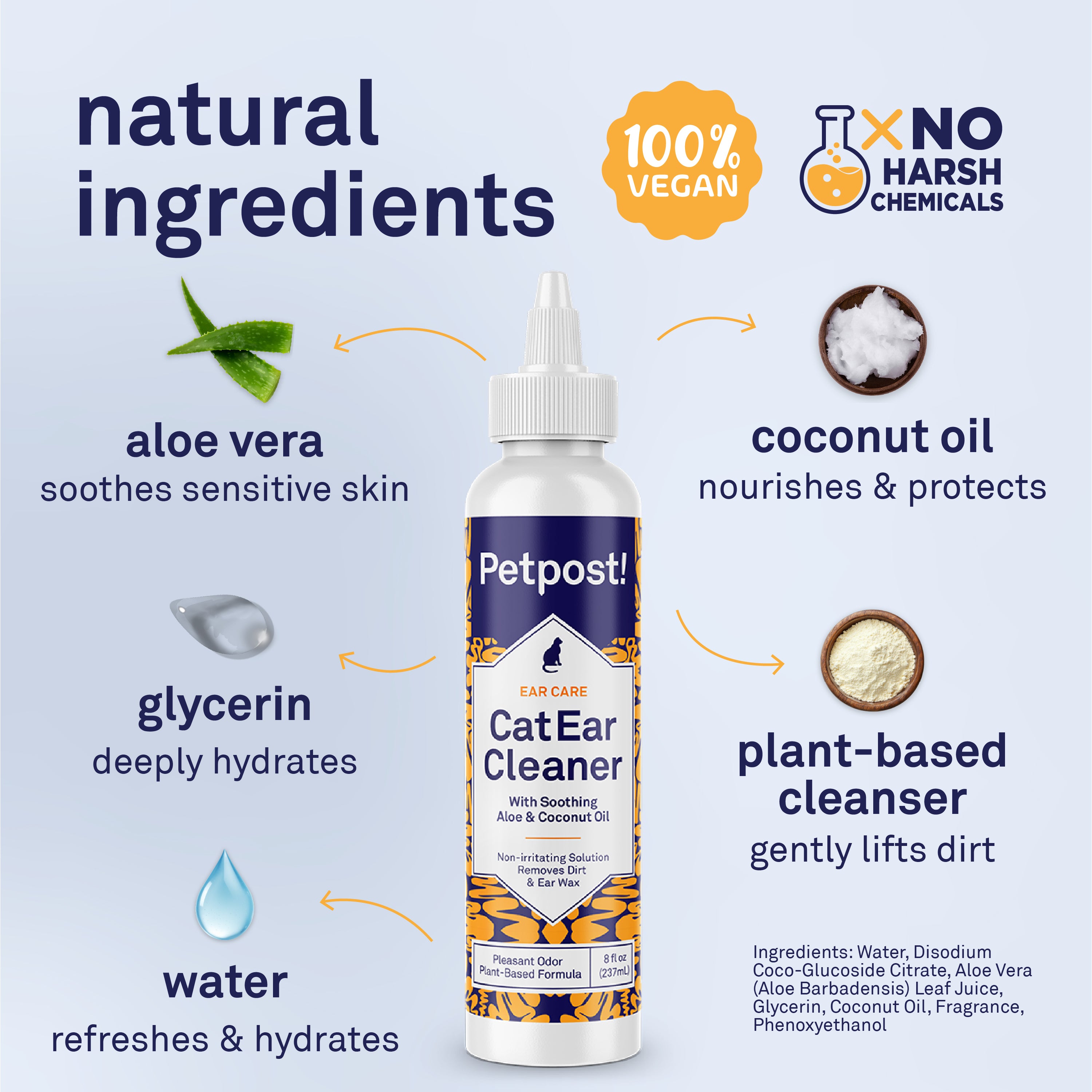 Petpost Cat Ear Cleaner - Natural Coconut Oil & Aloe Drops - Alcohol-Free, Non-Stinging Solution for Wax, Dirt & Odor - Helps Prevent Ear Mites - 8 oz