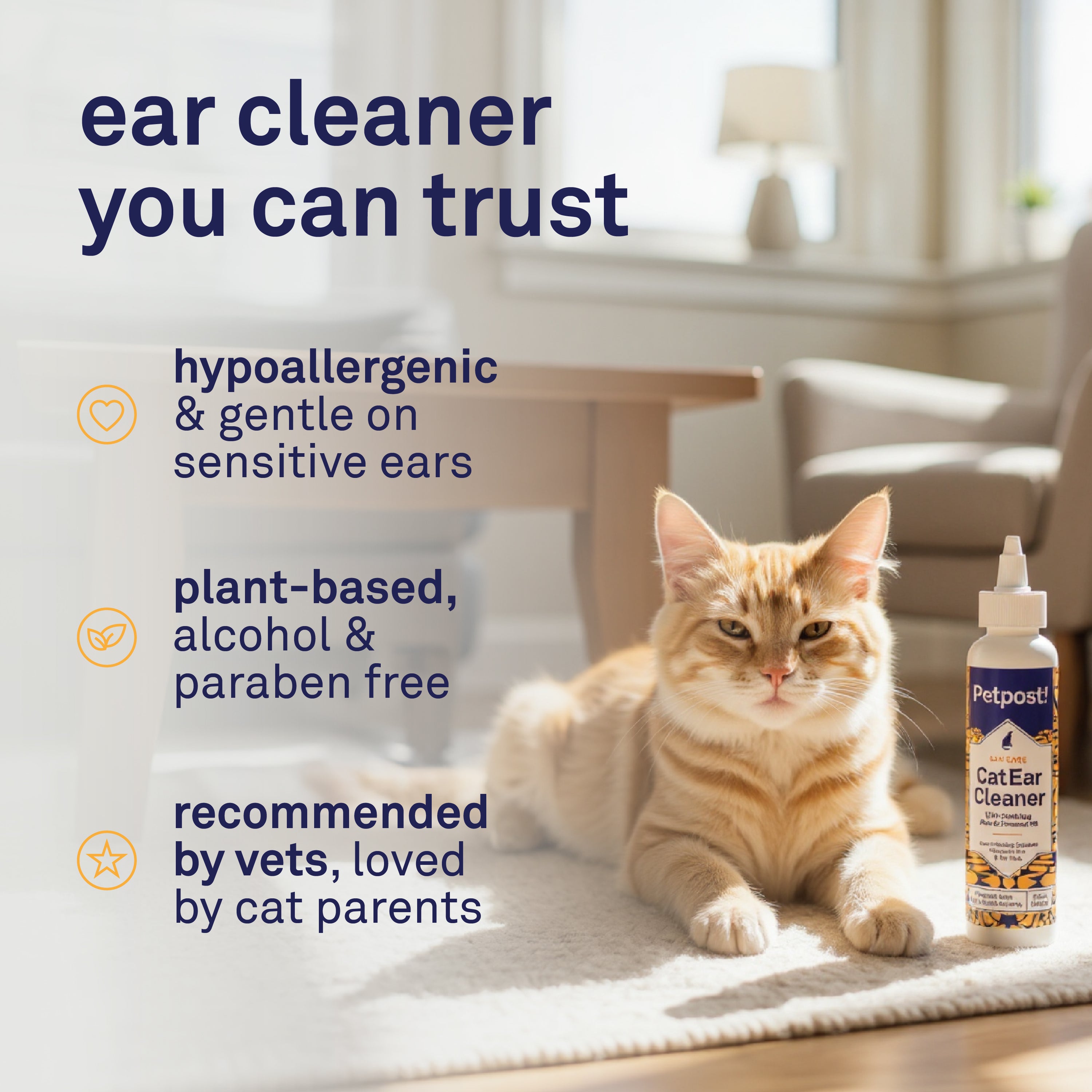 Petpost Cat Ear Cleaner - Natural Coconut Oil & Aloe Drops - Alcohol-Free, Non-Stinging Solution for Wax, Dirt & Odor - Helps Prevent Ear Mites - 8 oz