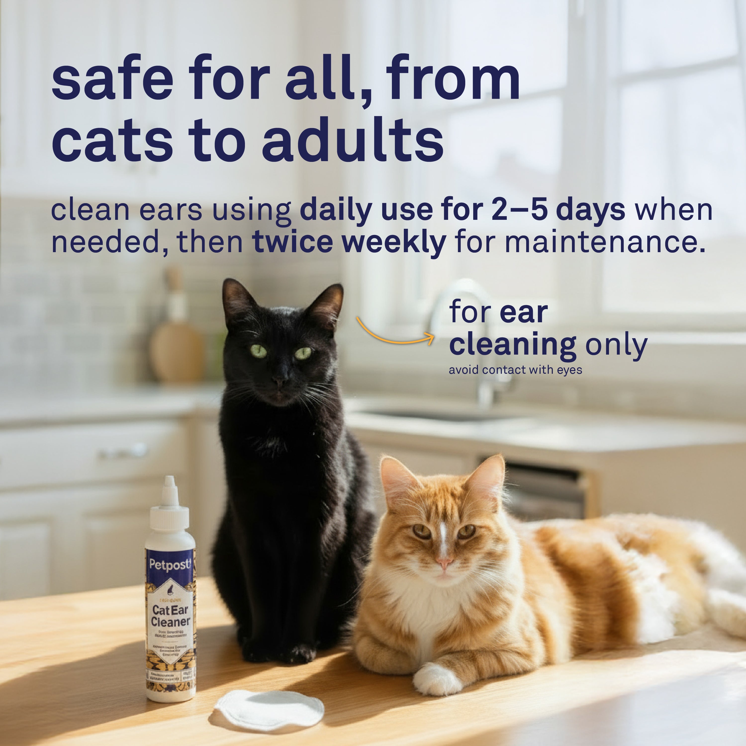 Petpost Cat Ear Cleaner - Natural Coconut Oil & Aloe Drops - Alcohol-Free, Non-Stinging Solution for Wax, Dirt & Odor - Helps Prevent Ear Mites - 8 oz
