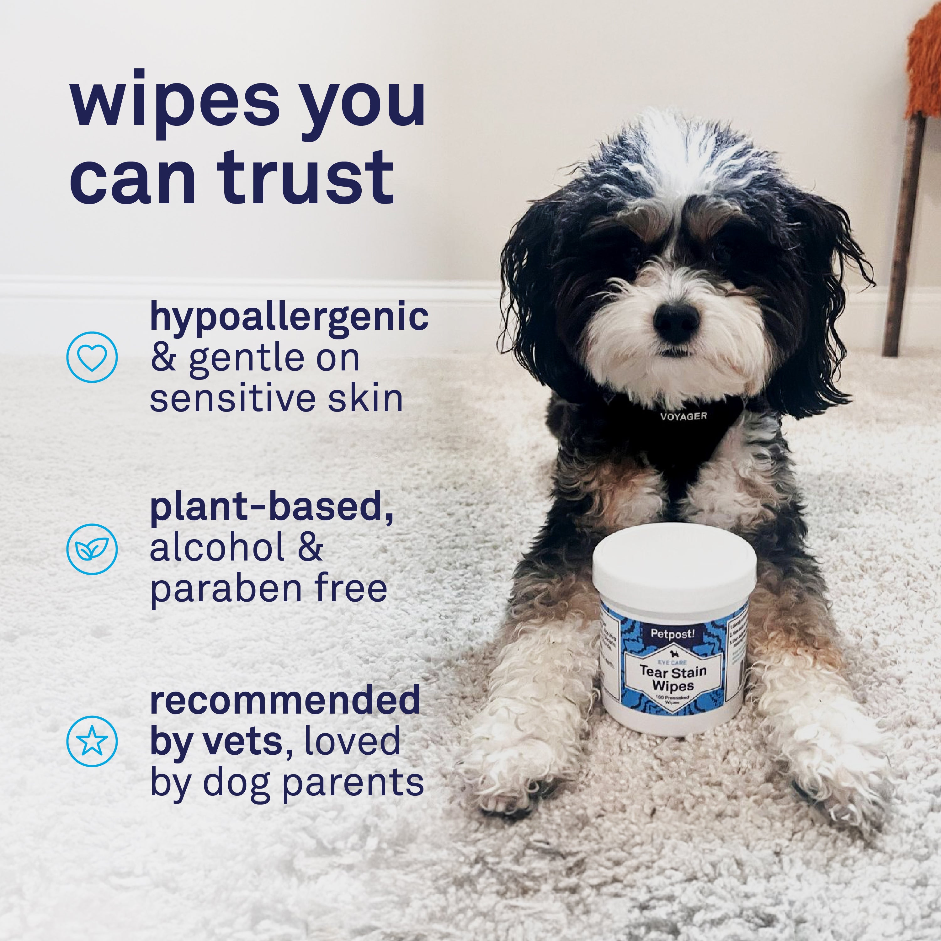 Petpost Tear Stain Remover Wipes - 100 Pre-Soaked Cotton Pads - Gentle Eye Crust Cleanser for White Fur Dogs & Cats - Chemical & Bleach Free