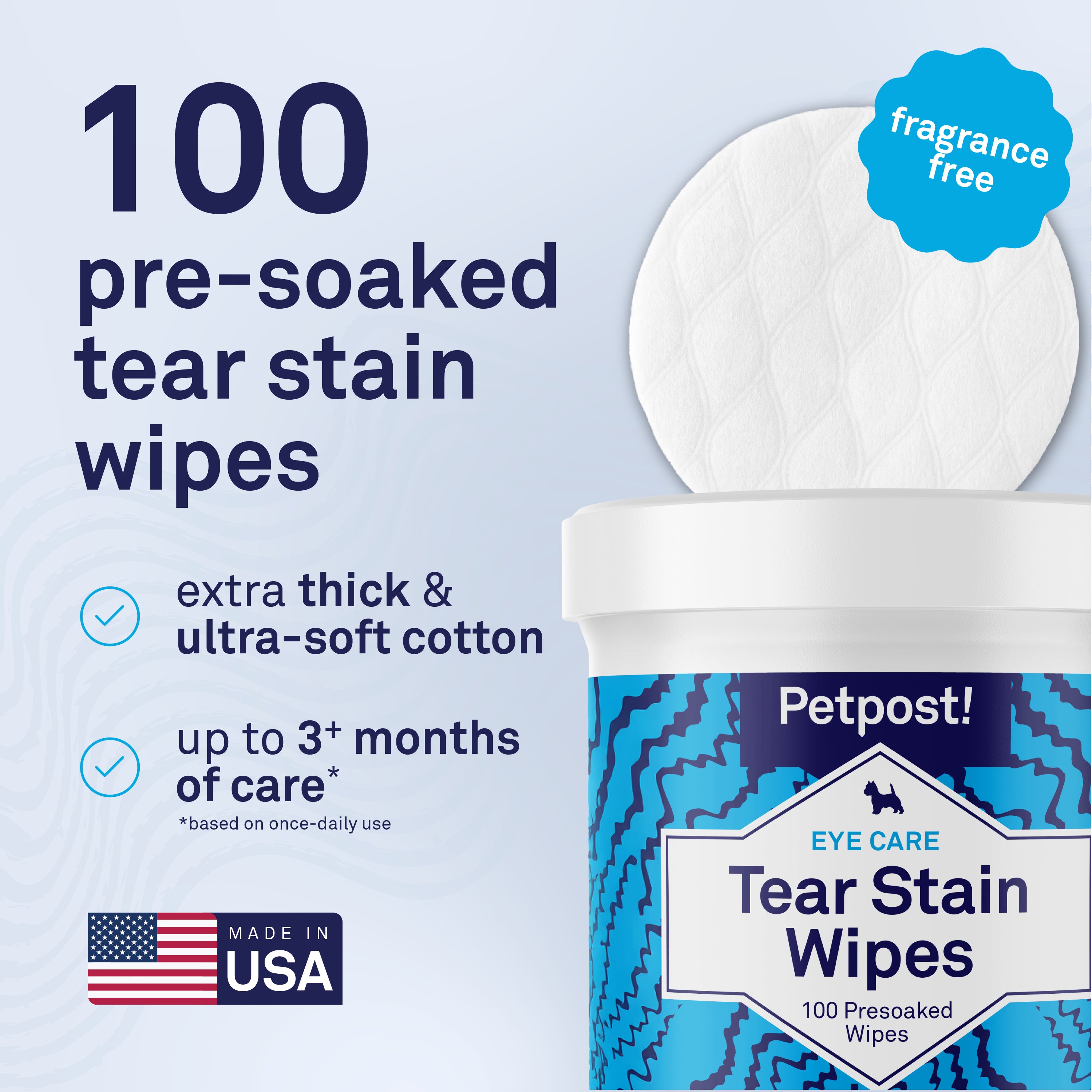 Petpost Tear Stain Remover Wipes - 100 Pre-Soaked Cotton Pads - Gentle Eye Crust Cleanser for White Fur Dogs & Cats - Chemical & Bleach Free