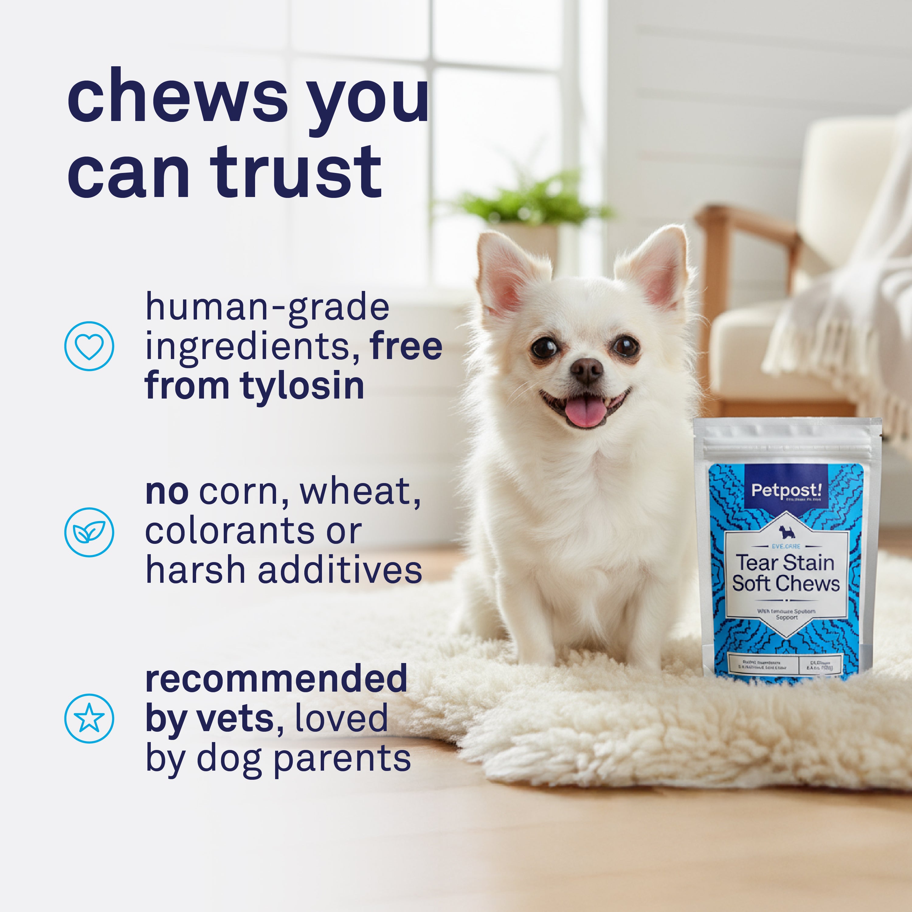 Petpost Tear Stain Soft Chews for Dogs - 90 Daily Chews - Natural Supplement for Tear Stains on Maltese, Shih Tzu & White-Fur Breeds - Tylosin Free