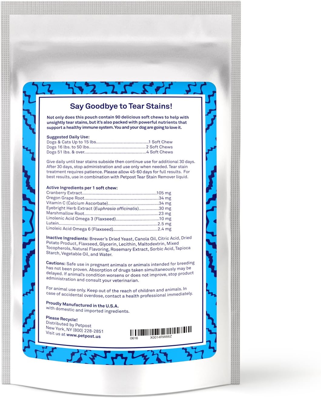 Petpost Tear Stain Soft Chews for Dogs - 90 Daily Chews - Natural Supplement for Tear Stains on Maltese, Shih Tzu & White-Fur Breeds - Tylosin Free