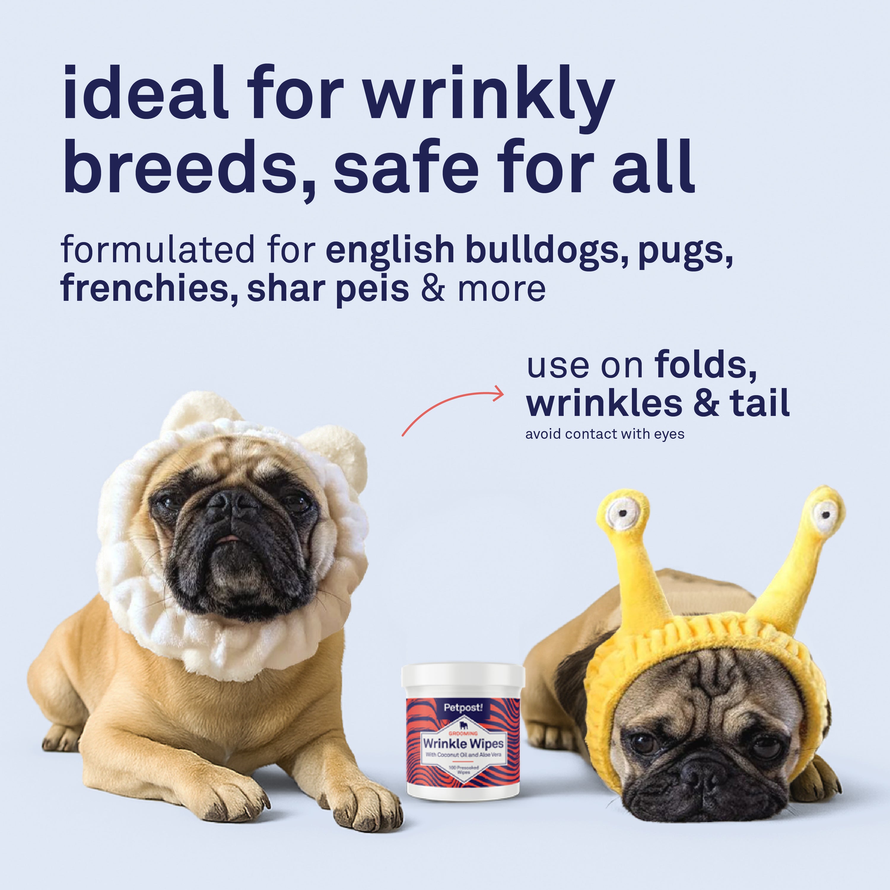 Petpost Bulldog Wrinkle Wipes - 100 Pre-Soaked Cotton Pads with Coconut Oil & Aloe - Gentle Cleanser for Pug, Bulldog & Wrinkly Breed Folds
