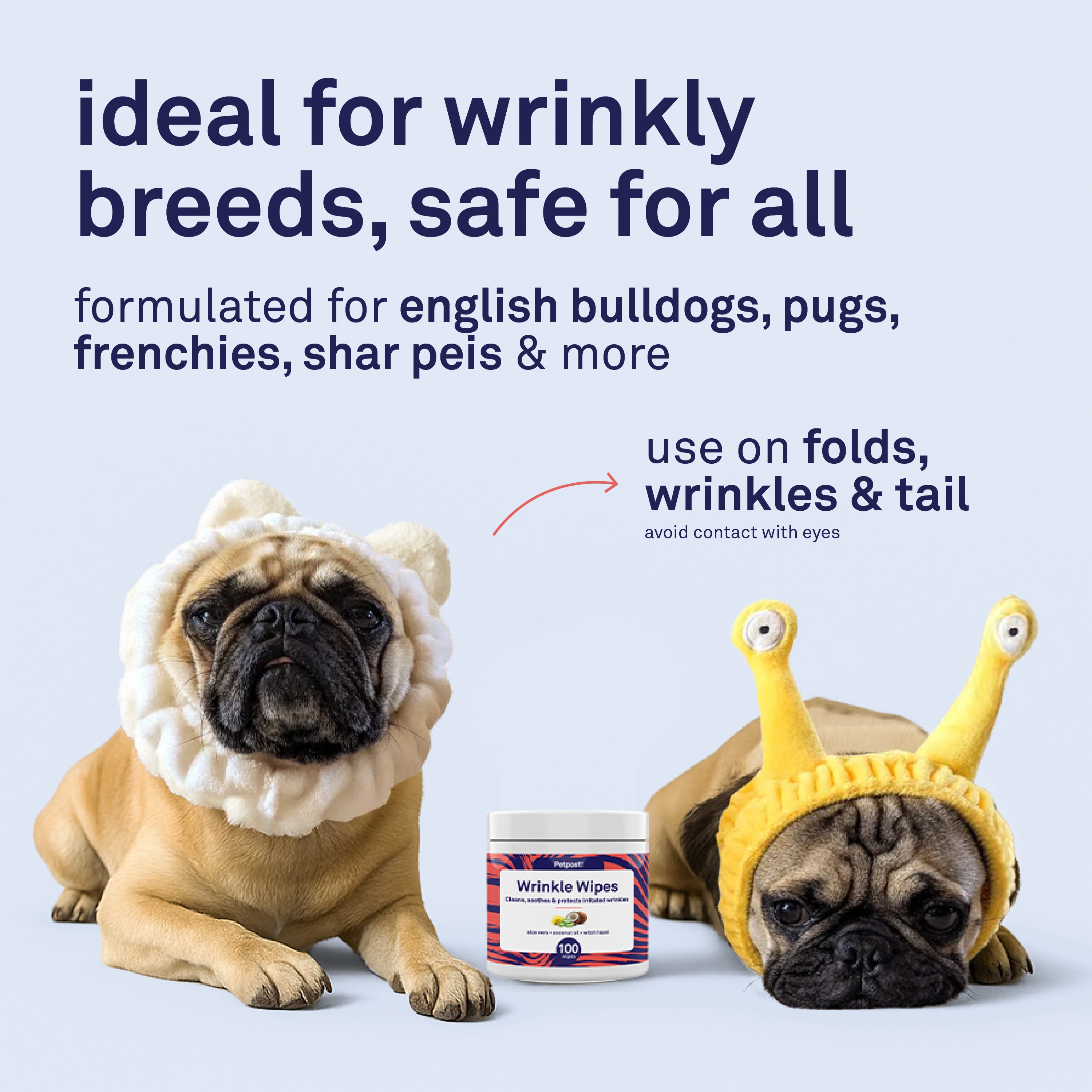 Petpost Bulldog Wrinkle Wipes - 100 Pre-Soaked Cotton Pads with Coconut Oil & Aloe - Gentle Cleanser for Pug, Bulldog & Wrinkly Breed Folds by Petpost for grooming dogs