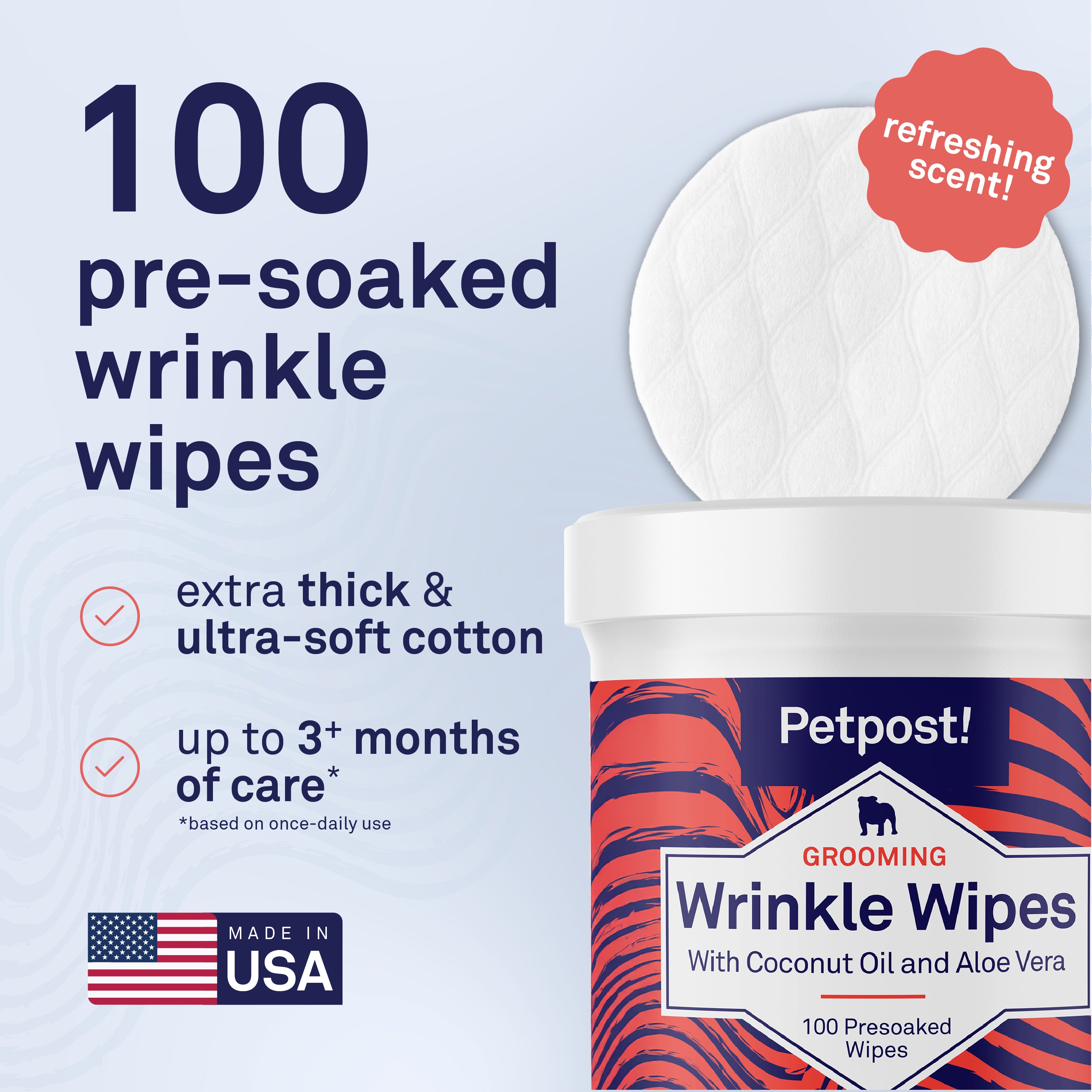 Petpost Bulldog Wrinkle Wipes - 100 Pre-Soaked Cotton Pads with Coconut Oil & Aloe - Gentle Cleanser for Pug, Bulldog & Wrinkly Breed Folds