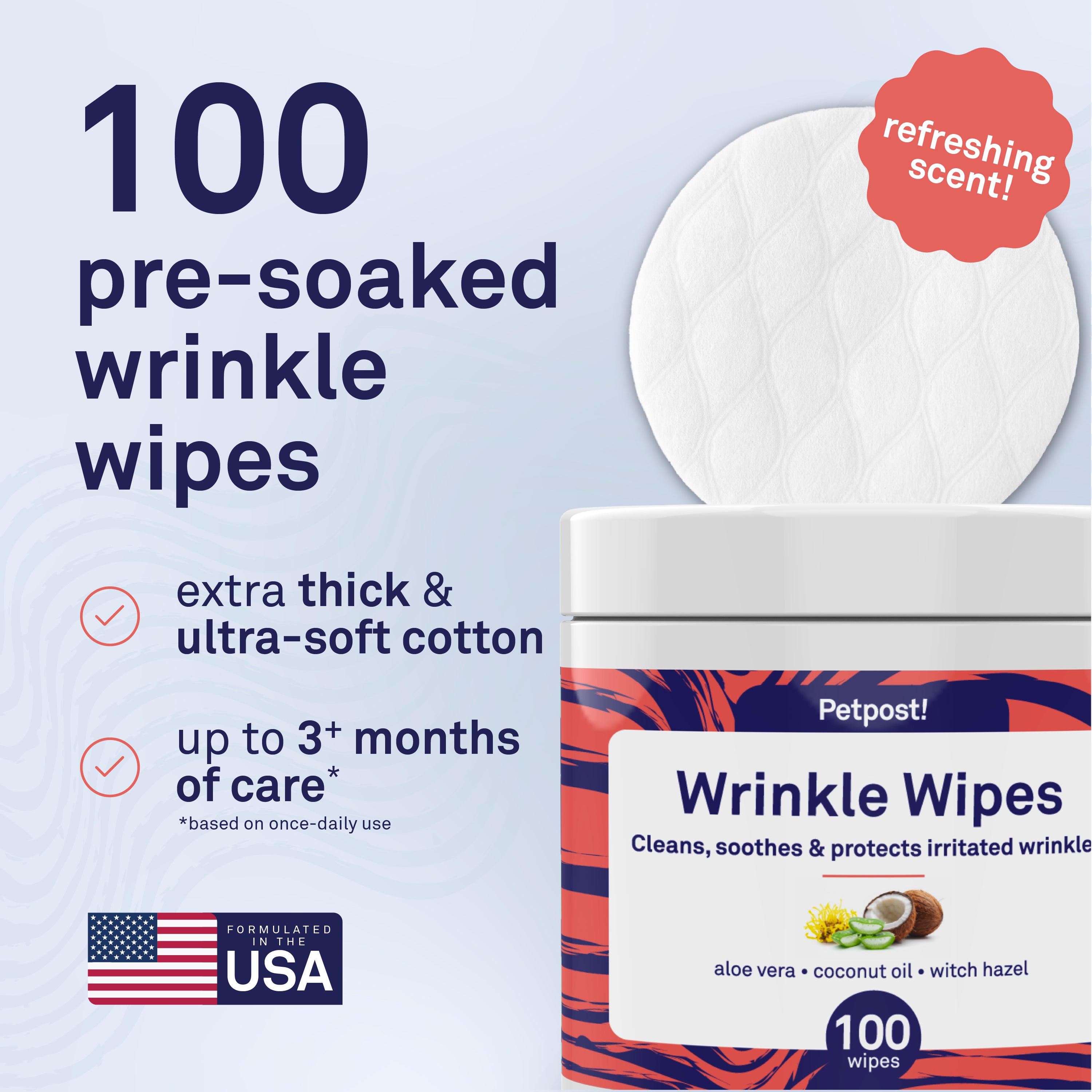 Petpost Bulldog Wrinkle Wipes - 100 Pre-Soaked Cotton Pads with Coconut Oil & Aloe - Gentle Cleanser for Pug, Bulldog & Wrinkly Breed Folds by Petpost for grooming dogs