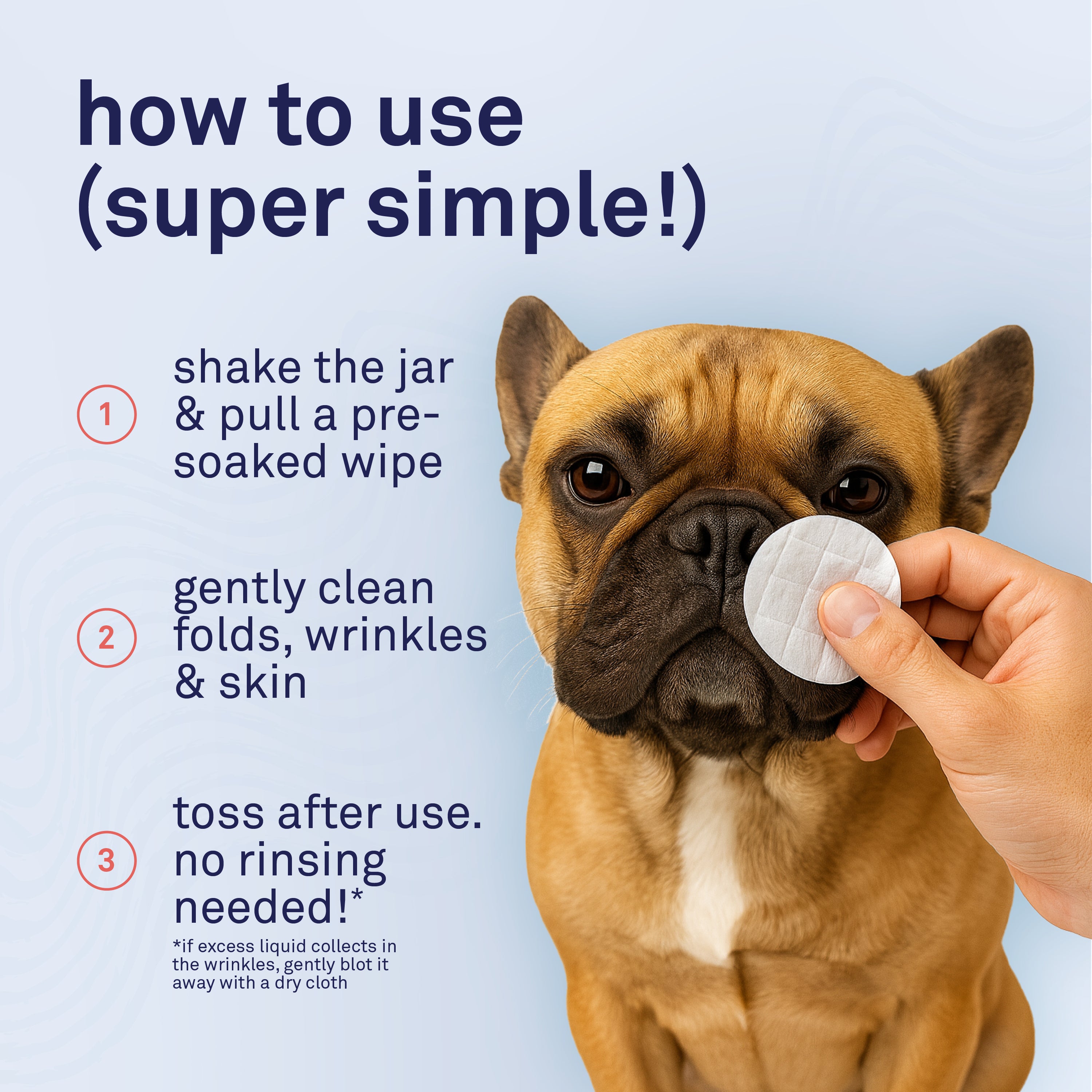 Petpost Bulldog Wrinkle Wipes - 100 Pre-Soaked Cotton Pads with Coconut Oil & Aloe - Gentle Cleanser for Pug, Bulldog & Wrinkly Breed Folds