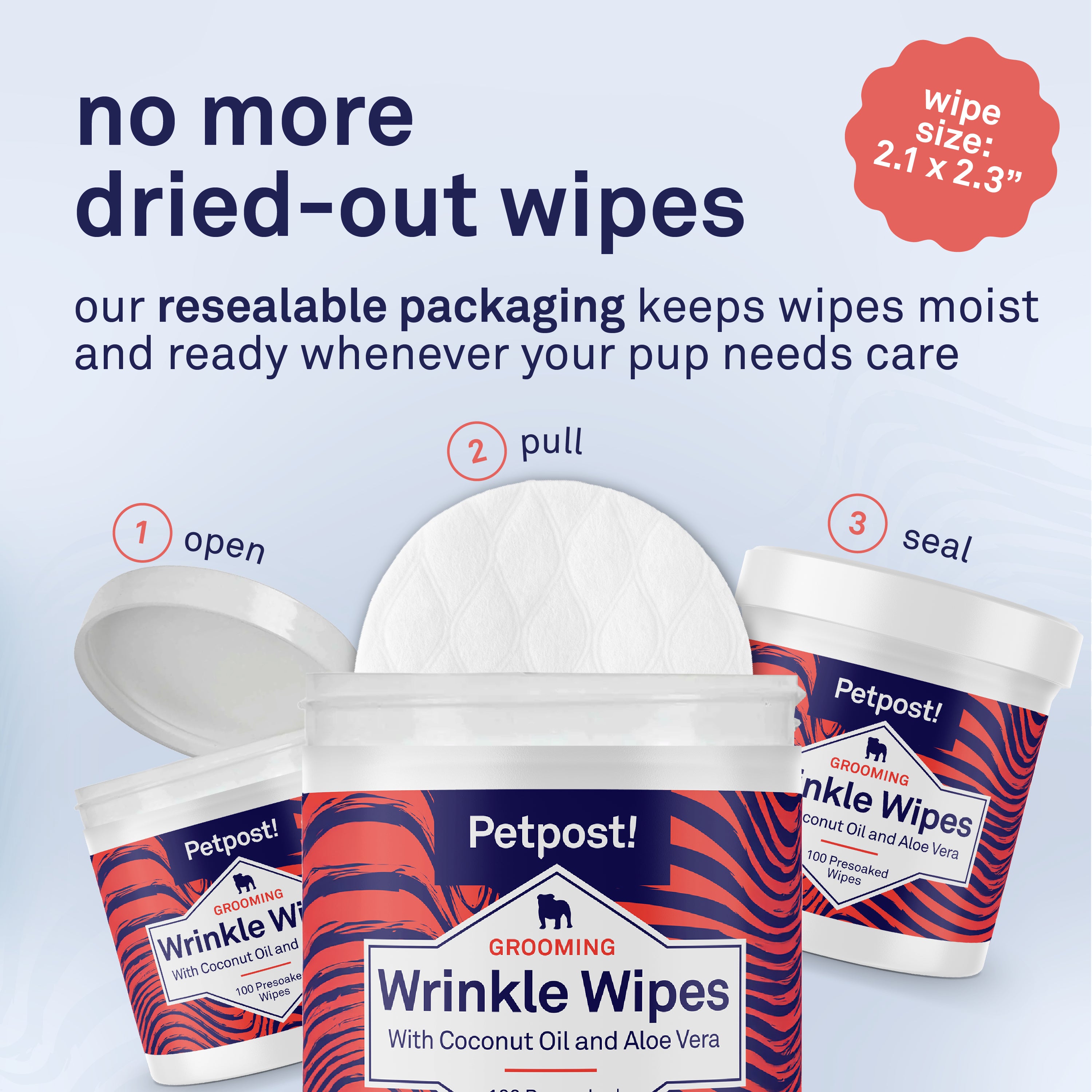 Petpost Bulldog Wrinkle Wipes - 100 Pre-Soaked Cotton Pads with Coconut Oil & Aloe - Gentle Cleanser for Pug, Bulldog & Wrinkly Breed Folds