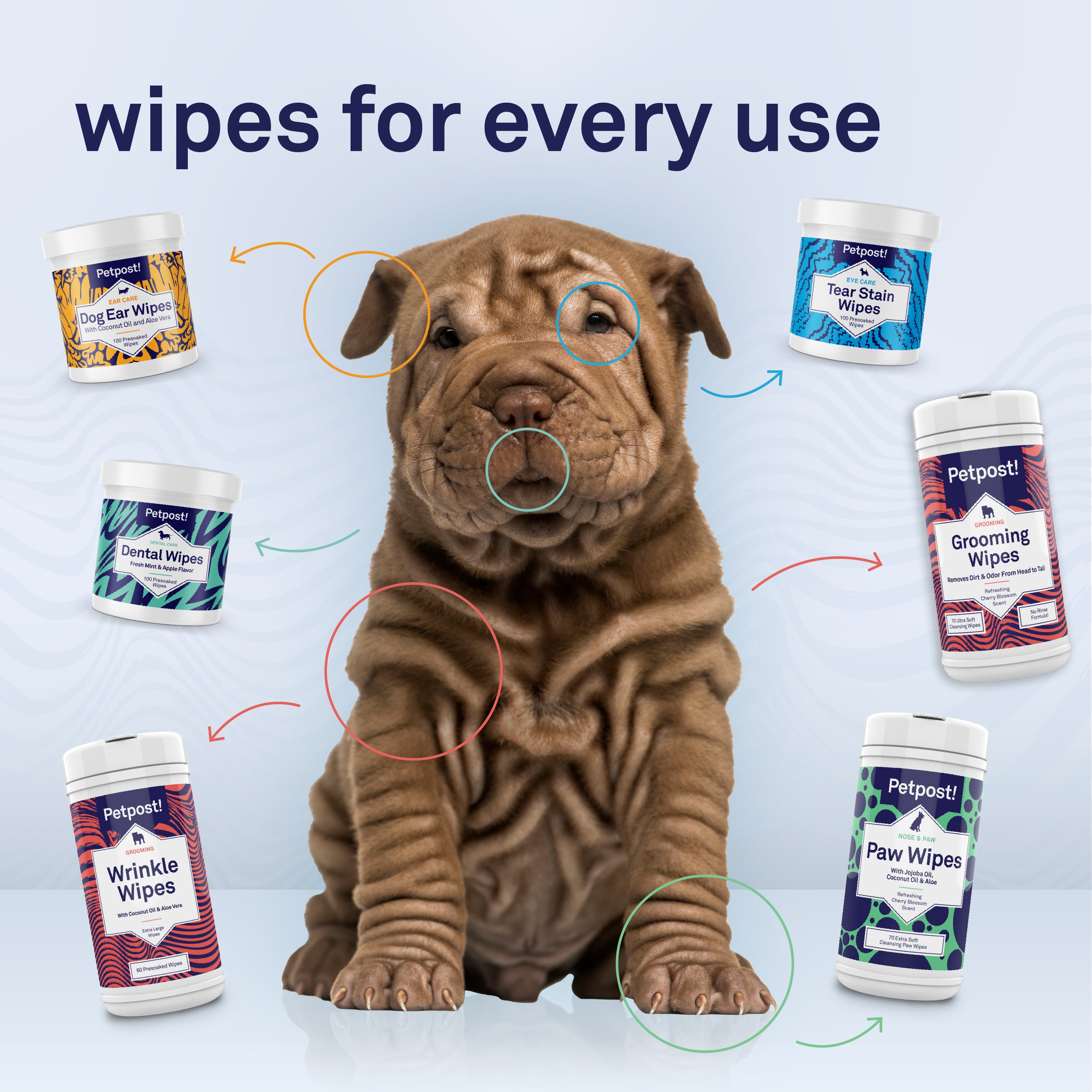 Petpost Bulldog Wrinkle Wipes - 100 Pre-Soaked Cotton Pads with Coconut Oil & Aloe - Gentle Cleanser for Pug, Bulldog & Wrinkly Breed Folds