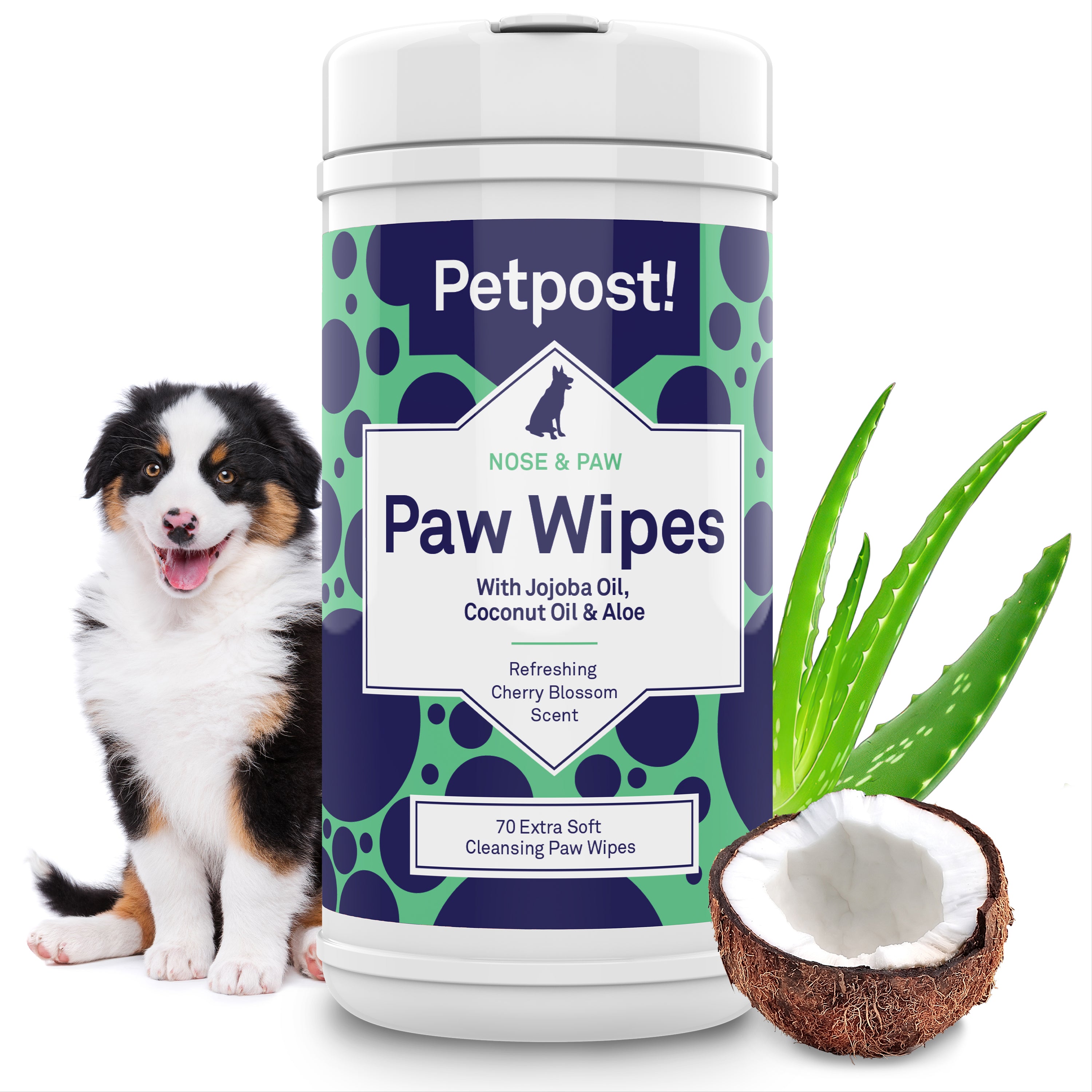 Petpost Large Paw Wipes for Dogs - 70 Count Cotton Pads with Coconut Oil, Jojoba Oil & Aloe - Cherry Blossom Scent - Soothes Dry, Cracked, Itchy Paws