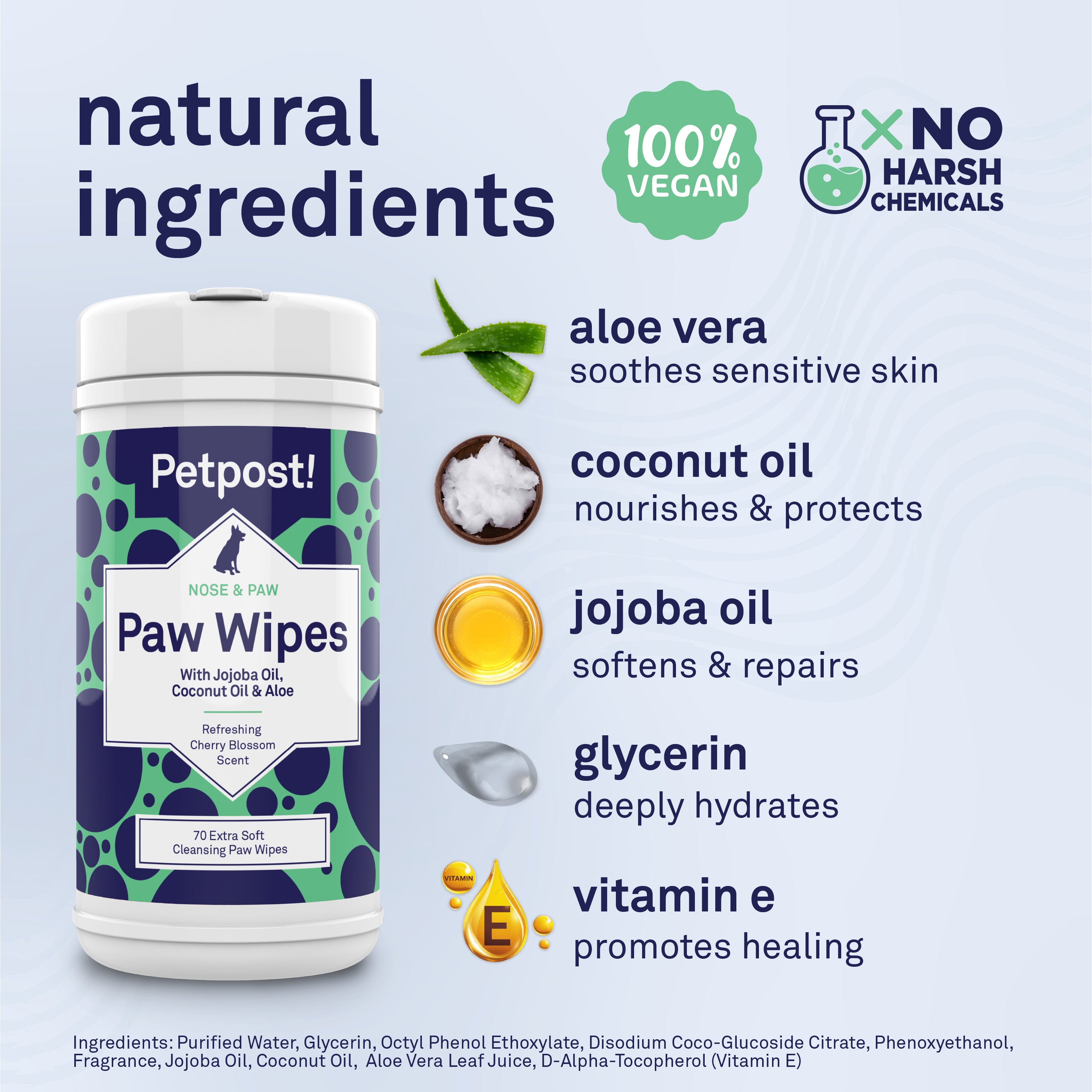 Petpost Large Paw Wipes for Dogs - 70 Count Cotton Pads with Coconut Oil, Jojoba Oil & Aloe - Cherry Blossom Scent - Soothes Dry, Cracked, Itchy Paws