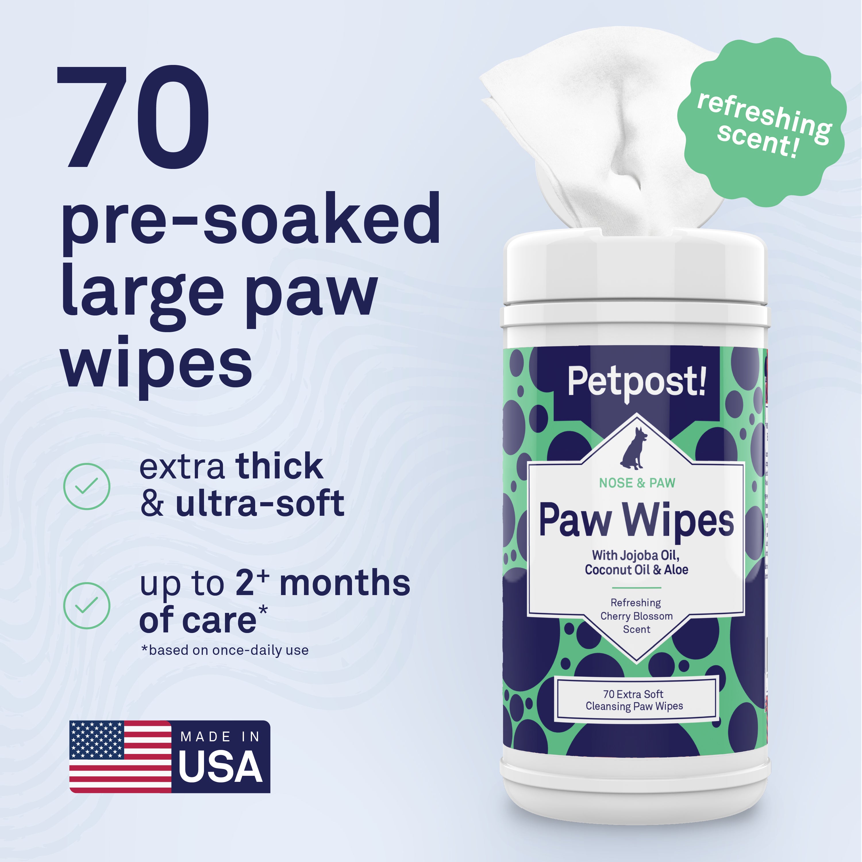 Petpost Large Paw Wipes for Dogs - 70 Count Cotton Pads with Coconut Oil, Jojoba Oil & Aloe - Cherry Blossom Scent - Soothes Dry, Cracked, Itchy Paws