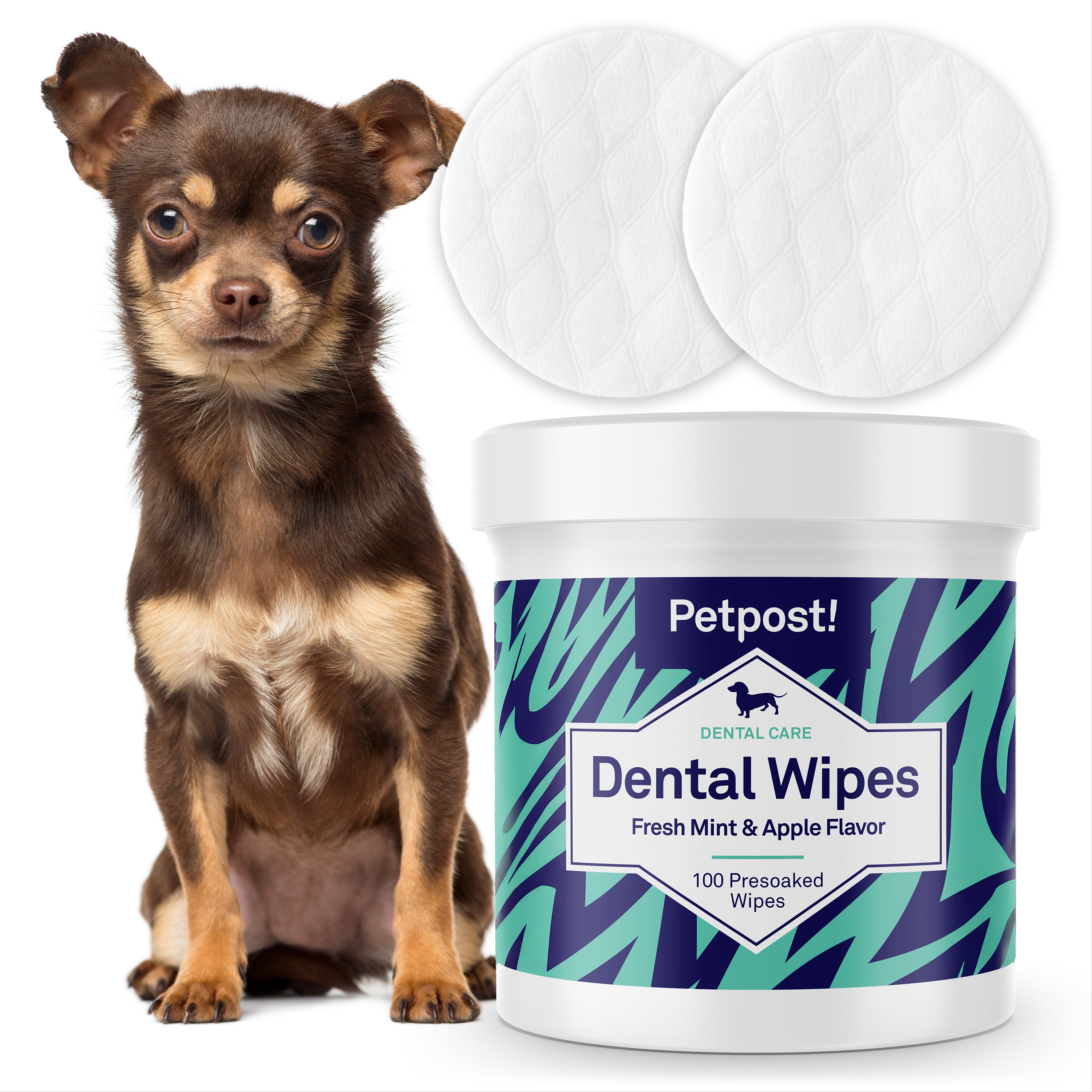 Petpost Dental Wipes for Dogs - 100 Pre-Soaked Cotton Pads with Mint & Apple Flavor - Natural Bad Breath Remover & Tooth Cleaning Solution