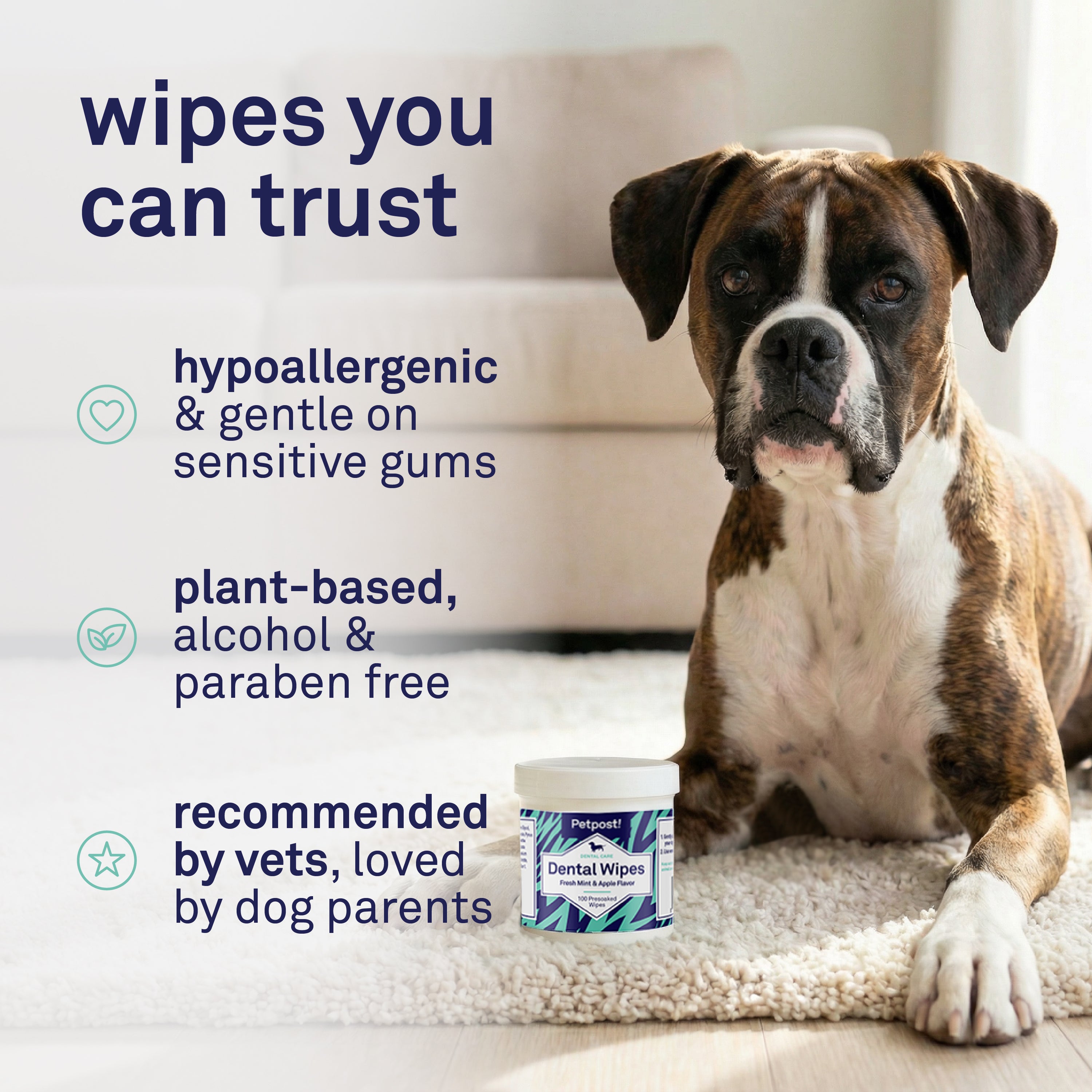 Petpost Dental Wipes for Dogs - 100 Pre-Soaked Cotton Pads with Mint & Apple Flavor - Natural Bad Breath Remover & Tooth Cleaning Solution