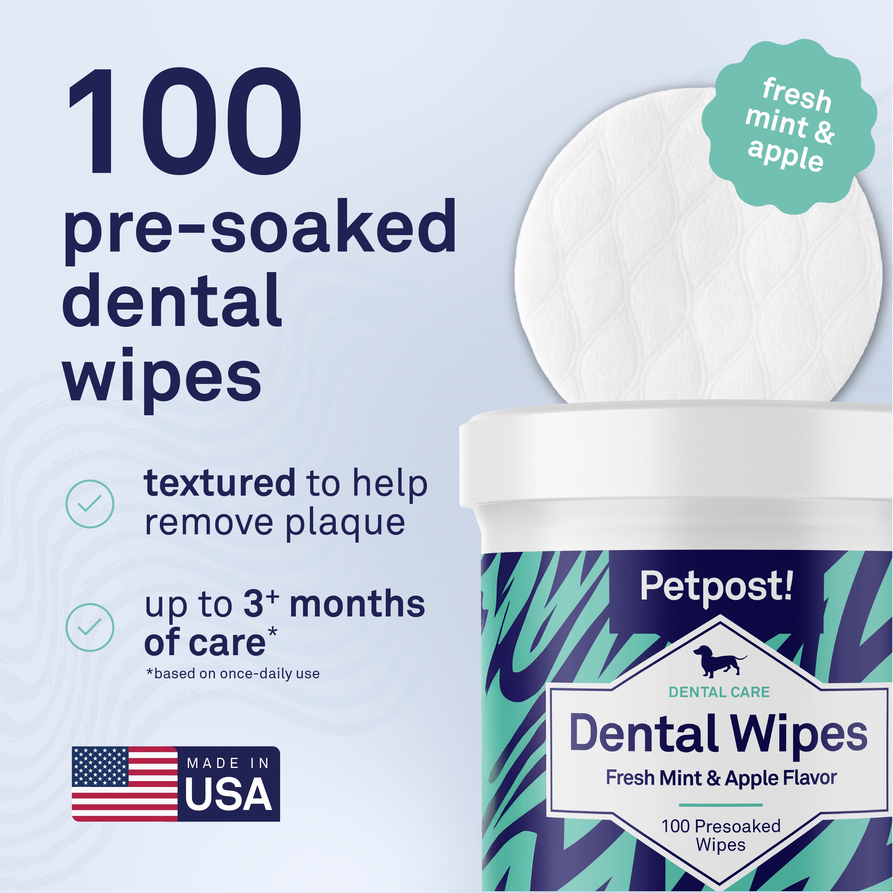 Petpost Dental Wipes for Dogs - 100 Pre-Soaked Cotton Pads with Mint & Apple Flavor - Natural Bad Breath Remover & Tooth Cleaning Solution