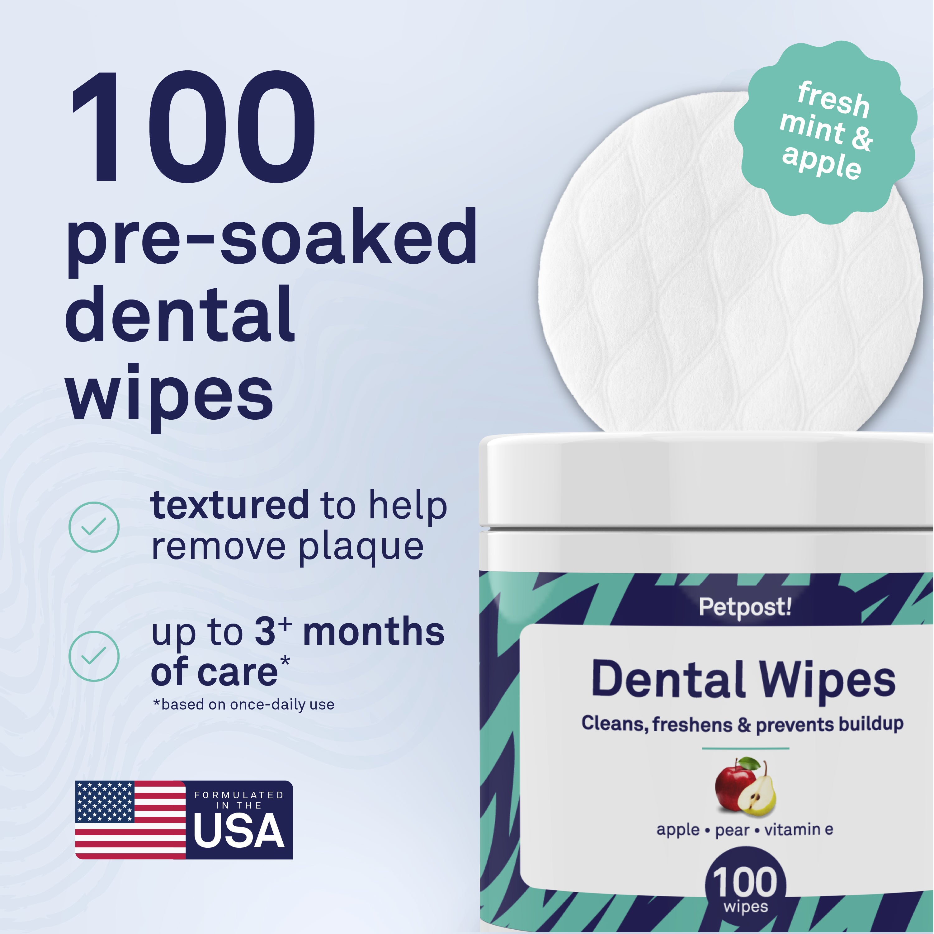 Petpost Dental Wipes for Dogs - 100 Pre-Soaked Cotton Pads with Mint & Apple Flavor - Natural Bad Breath Remover & Tooth Cleaning Solution by Petpost for grooming dogs