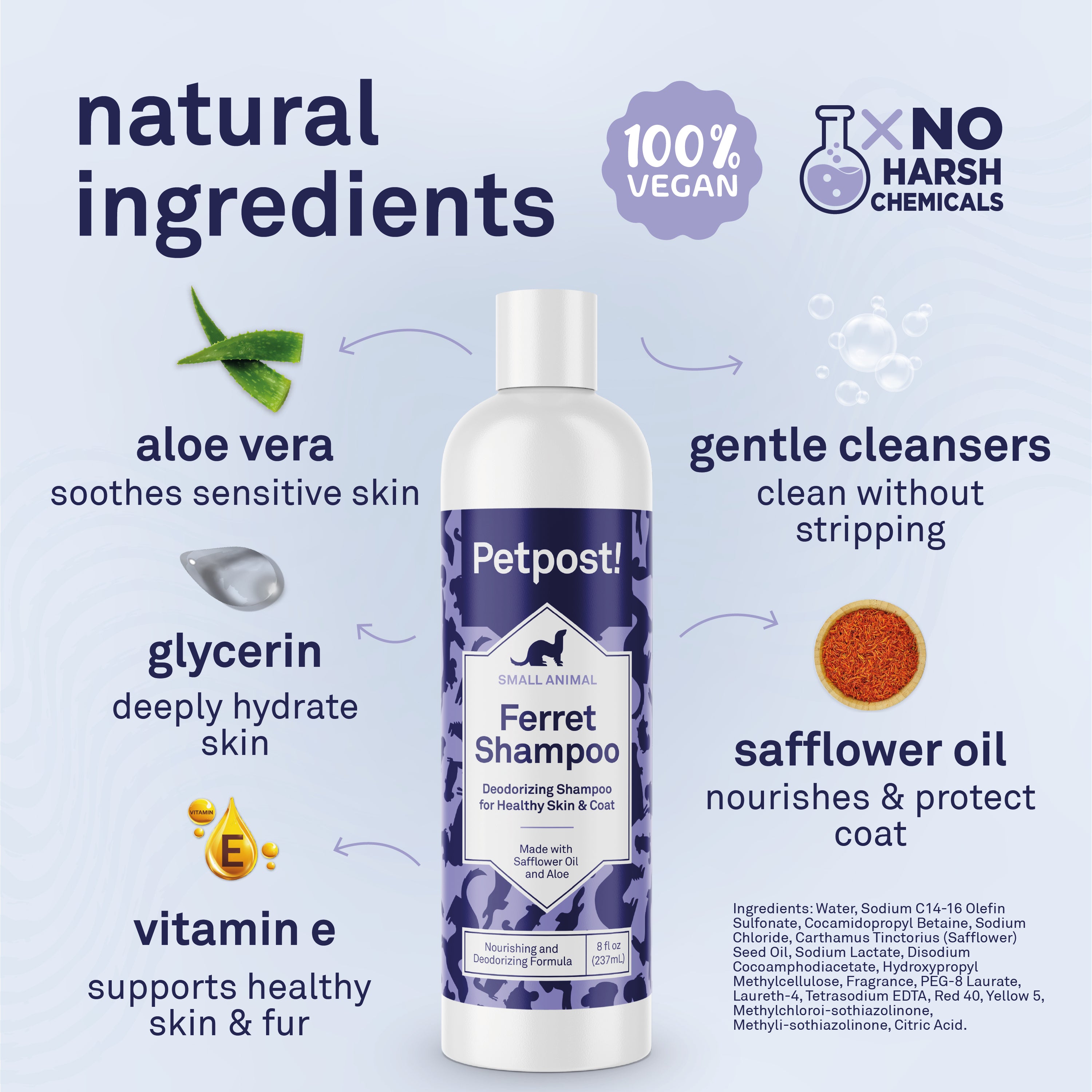 Petpost Ferret Shampoo - Natural Deodorizing Formula for Ferrets & Small Animals - Safflower Oil Cleanses Without Drying Skin - 8 oz