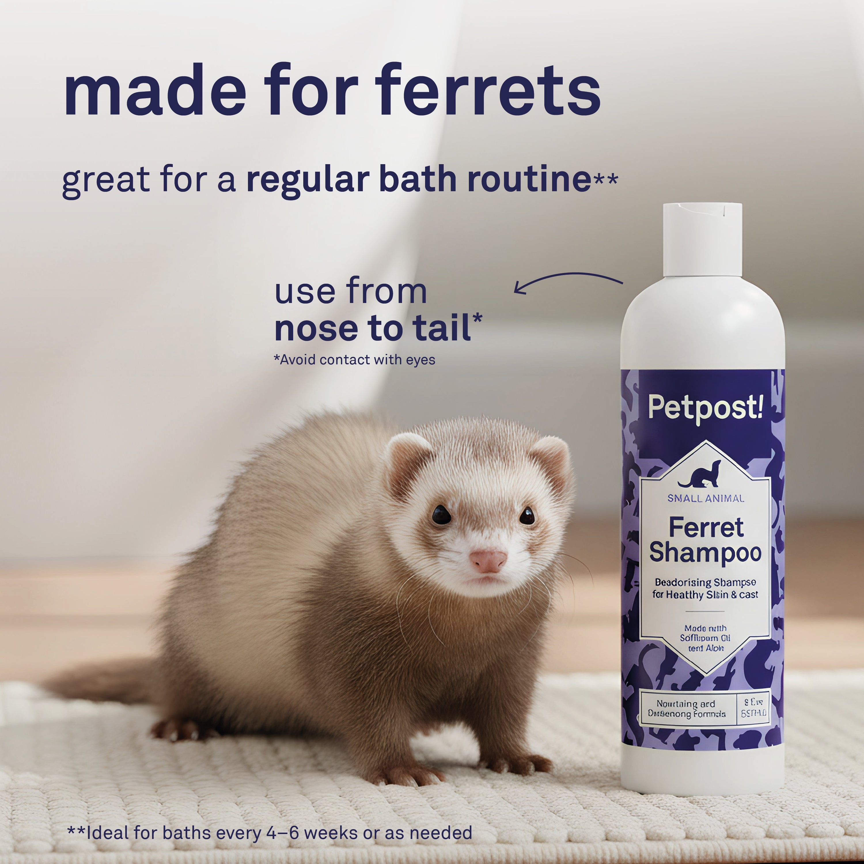 Petpost Ferret Shampoo - Natural Deodorizing Formula for Ferrets & Small Animals - Safflower Oil Cleanses Without Drying Skin - 8 oz