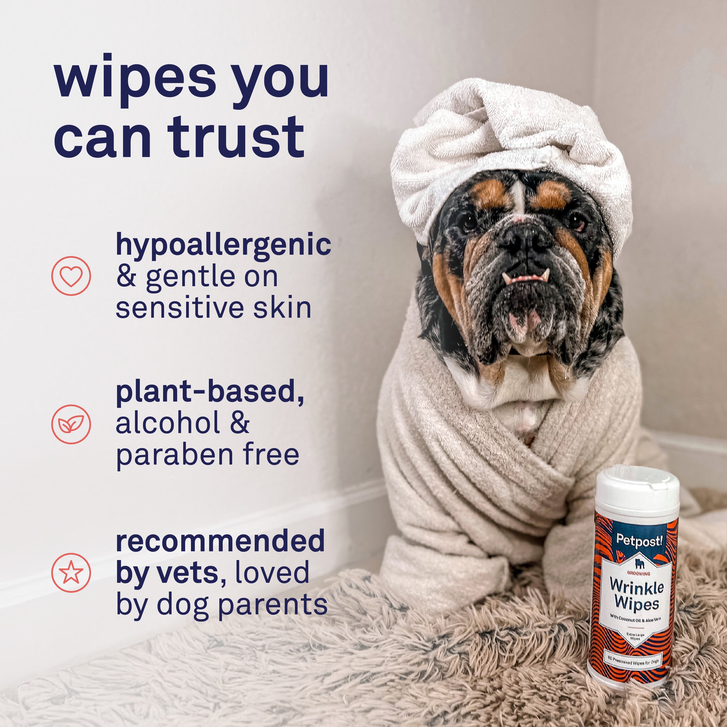 Petpost Large Wrinkle Wipes for Dogs - 60 Count 5x7 Inch Cotton Pads with Coconut Oil & Aloe - Gentle Cleanser for Bulldog, Pug & Wrinkly Breed Folds by Petpost for grooming dogs
