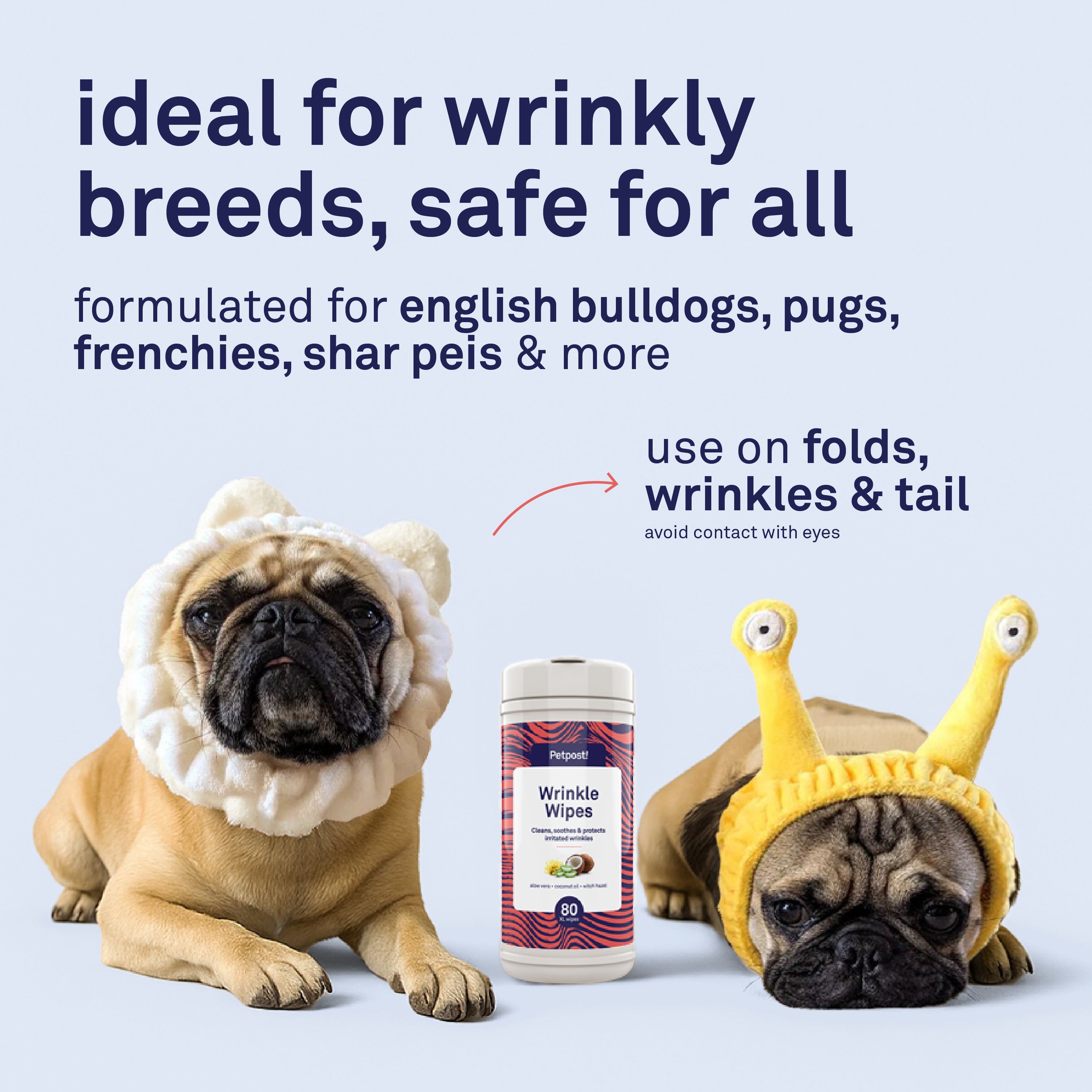 Petpost Large Wrinkle Wipes for Dogs - 60 Count 5x7 Inch Cotton Pads with Coconut Oil & Aloe - Gentle Cleanser for Bulldog, Pug & Wrinkly Breed Folds by Petpost for grooming dogs