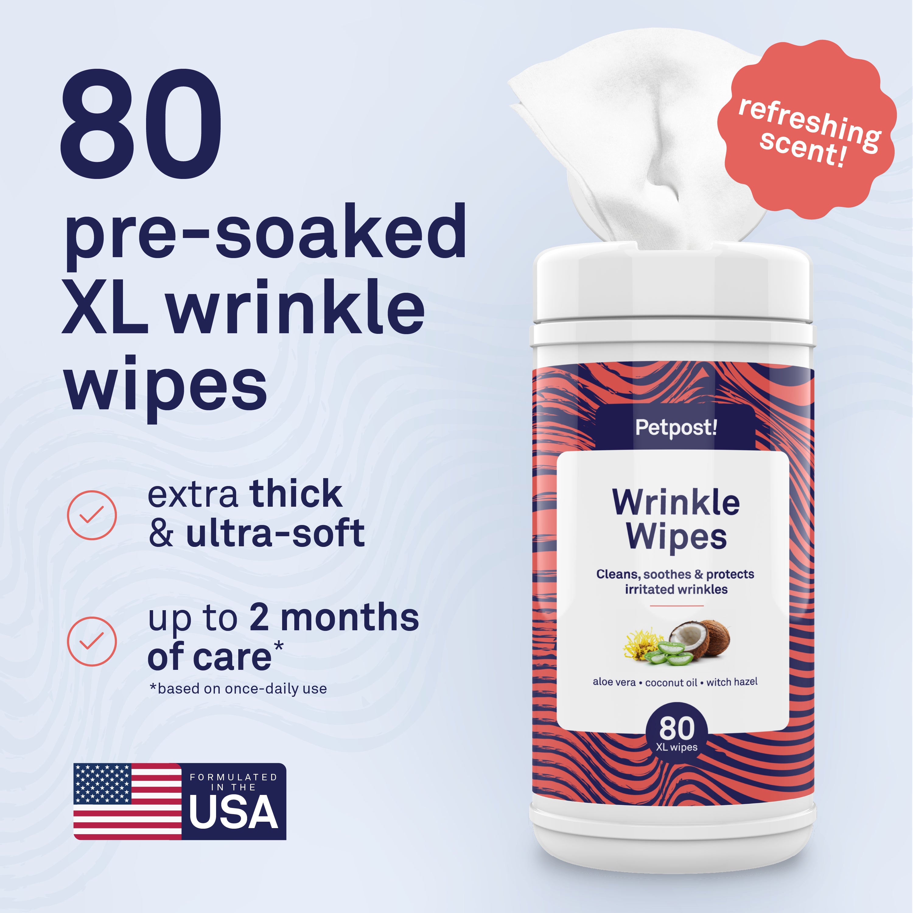 Petpost Large Wrinkle Wipes for Dogs - 60 Count 5x7 Inch Cotton Pads with Coconut Oil & Aloe - Gentle Cleanser for Bulldog, Pug & Wrinkly Breed Folds by Petpost for grooming dogs