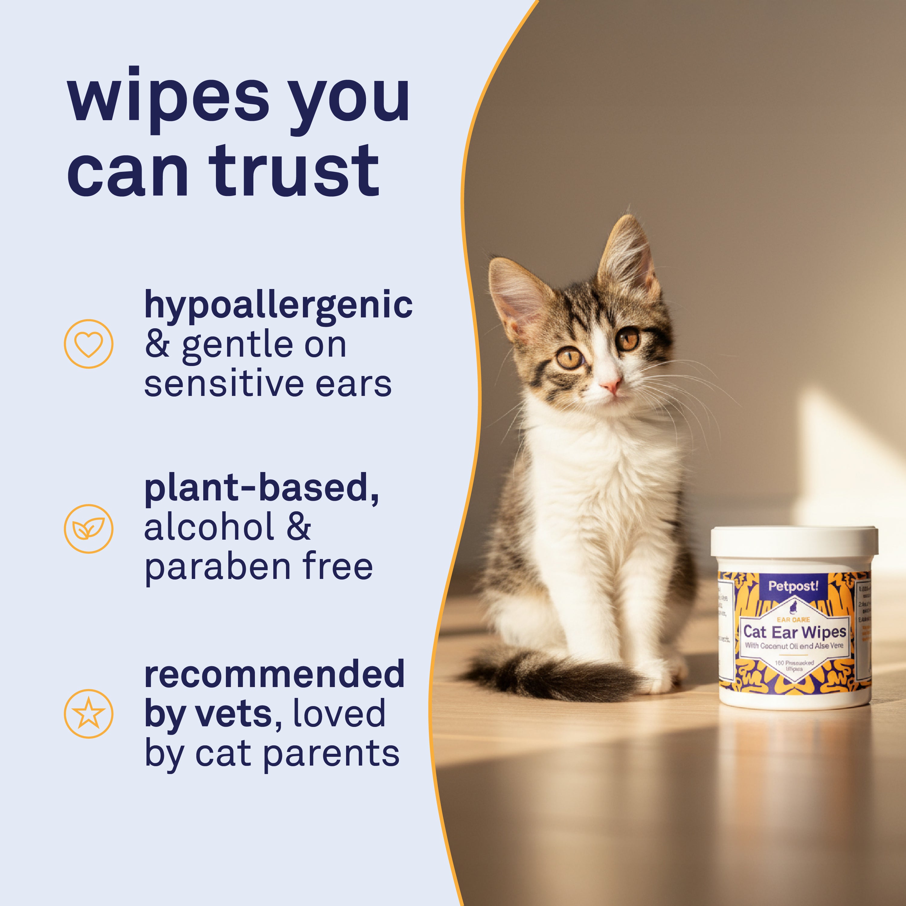 Petpost Cat Ear Wipes - 100 Soft Cotton Pads with Coconut Oil & Aloe - Non-Stinging, Alcohol-Free - Gentle Daily Ear Cleaning for Cats & Kittens