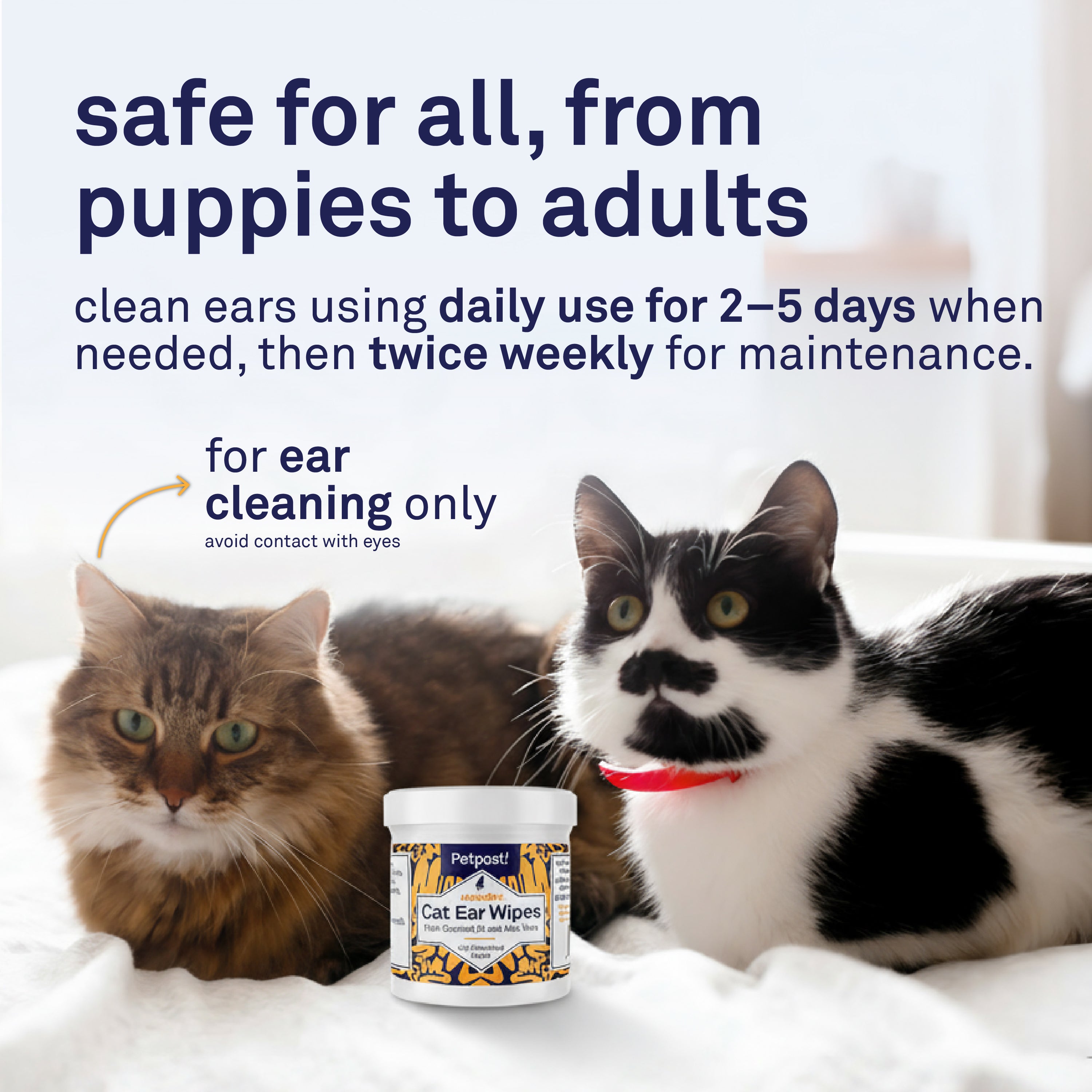 Petpost Cat Ear Wipes - 100 Soft Cotton Pads with Coconut Oil & Aloe - Non-Stinging, Alcohol-Free - Gentle Daily Ear Cleaning for Cats & Kittens