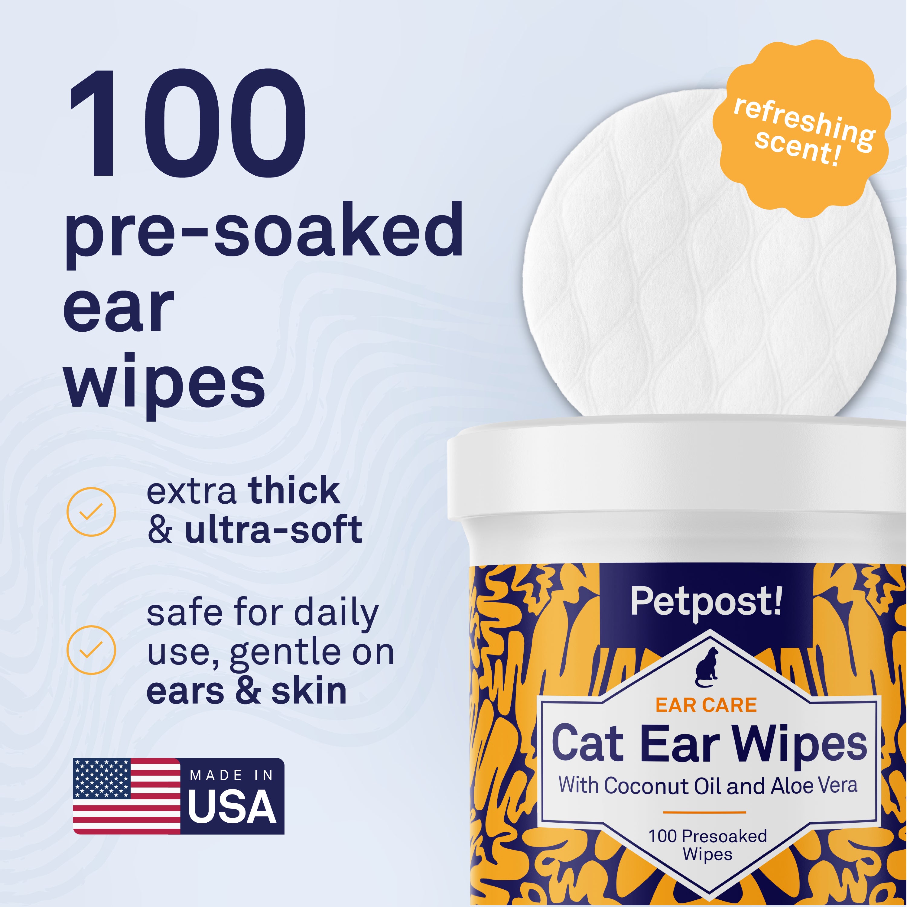 Petpost Cat Ear Wipes - 100 Soft Cotton Pads with Coconut Oil & Aloe - Non-Stinging, Alcohol-Free - Gentle Daily Ear Cleaning for Cats & Kittens