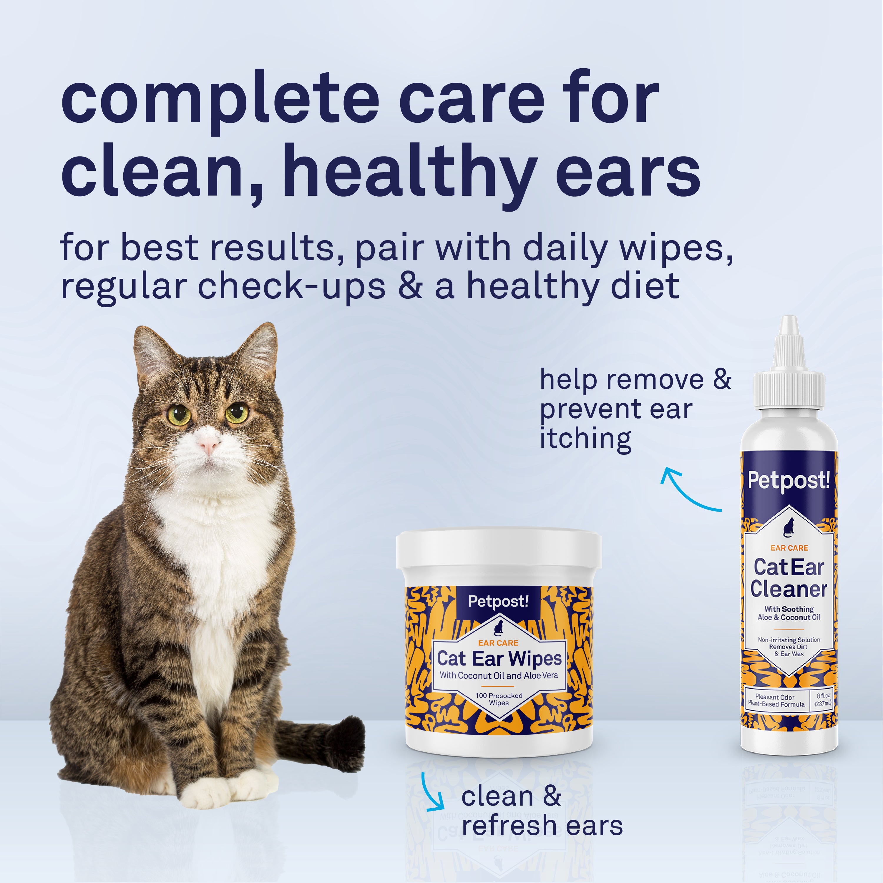 Petpost Cat Ear Wipes - 100 Soft Cotton Pads with Coconut Oil & Aloe - Non-Stinging, Alcohol-Free - Gentle Daily Ear Cleaning for Cats & Kittens