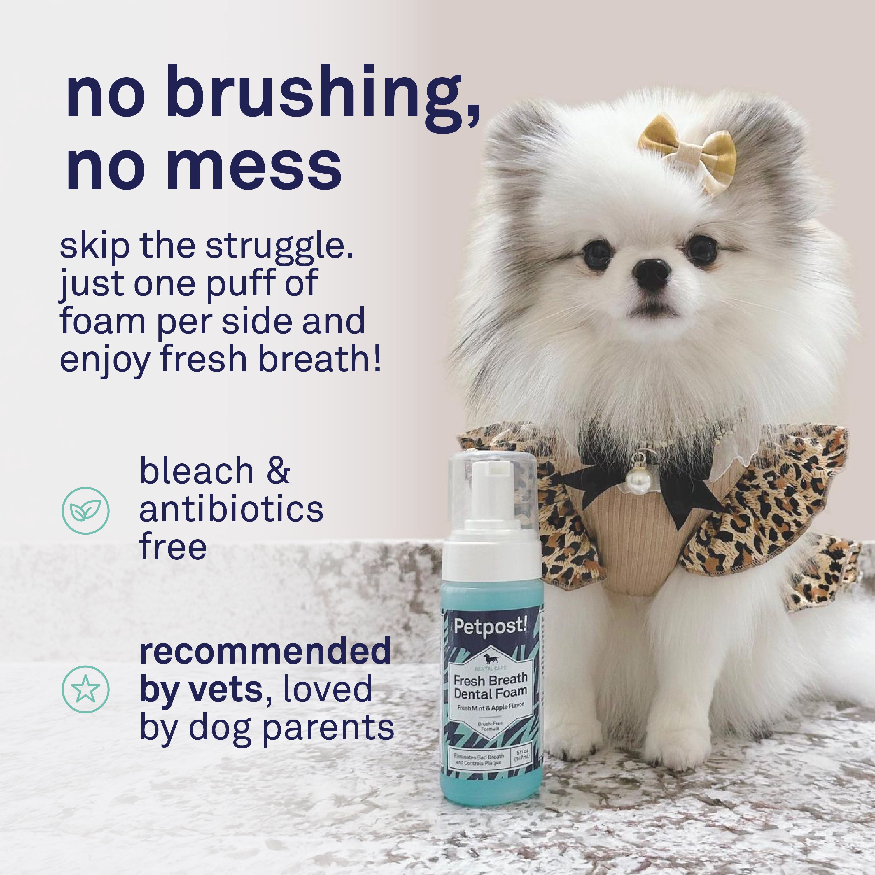 Petpost Fresh Breath Foam for Dogs - Mint & Apple Flavored Dental Foam - Natural Breath Freshener & Plaque Remover - No-Brush Tooth Cleaning Solution