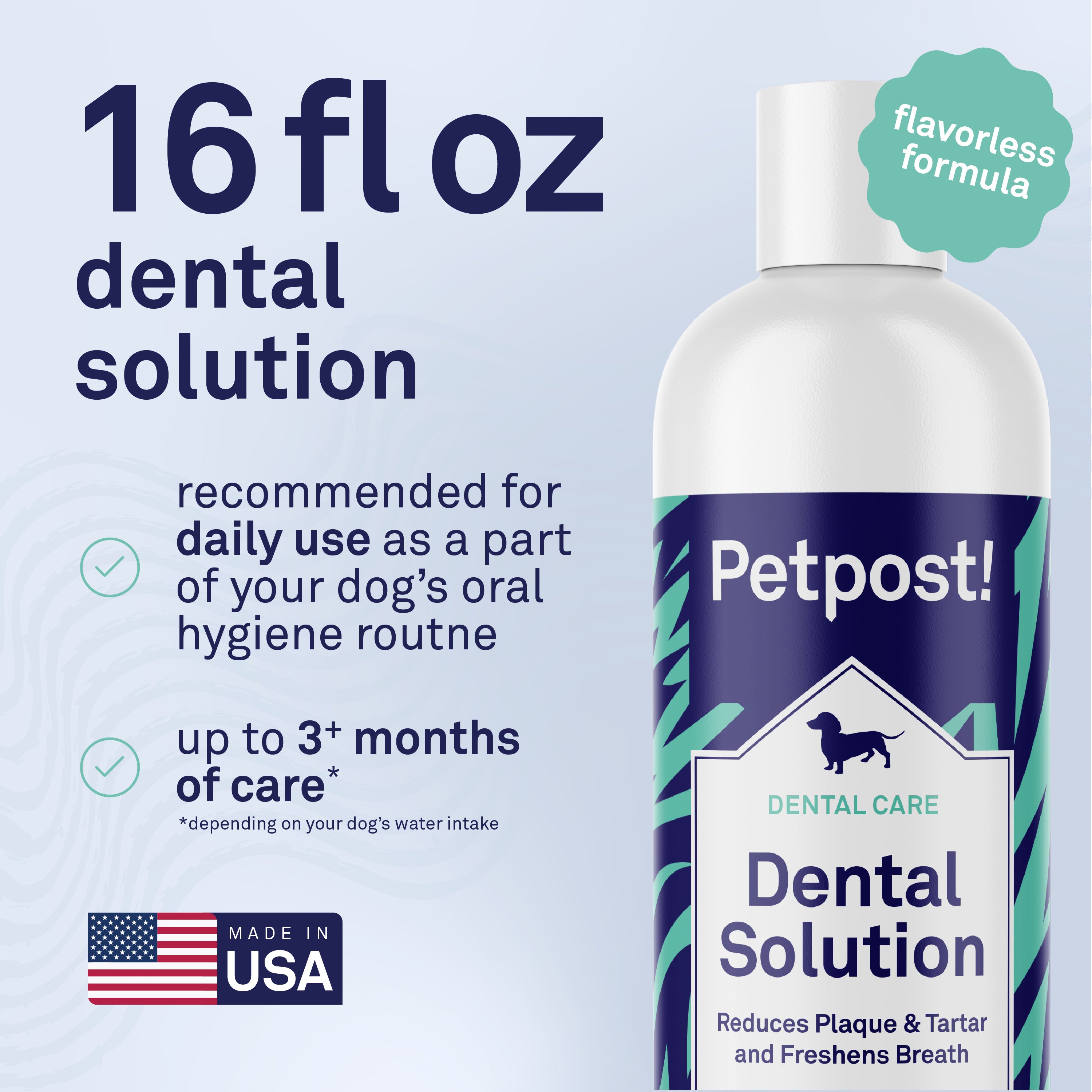 Petpost Dental Solution for Dogs - Water Additive for Bad Breath & Plaque - Apple, Peppermint & Spearmint - Brush-Free Daily Tooth Cleaning - 16 oz