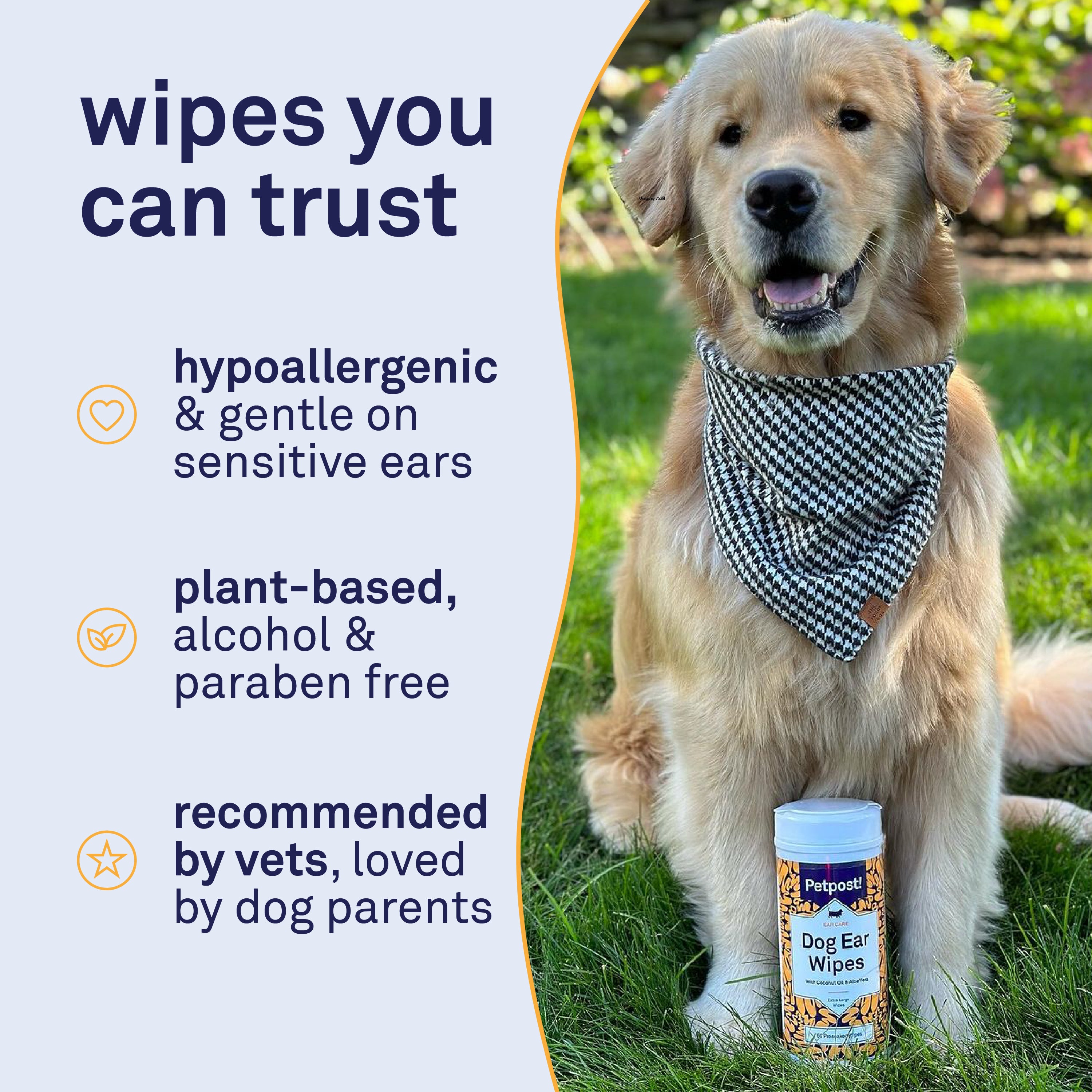 Petpost Large Dog Ear Cleaner Wipes - 60 XL Cotton Pads with Coconut Oil & Aloe Solution - Gentle Daily Cleanser for Wax, Dirt & Odor - Alcohol-Free, Vet-Approved