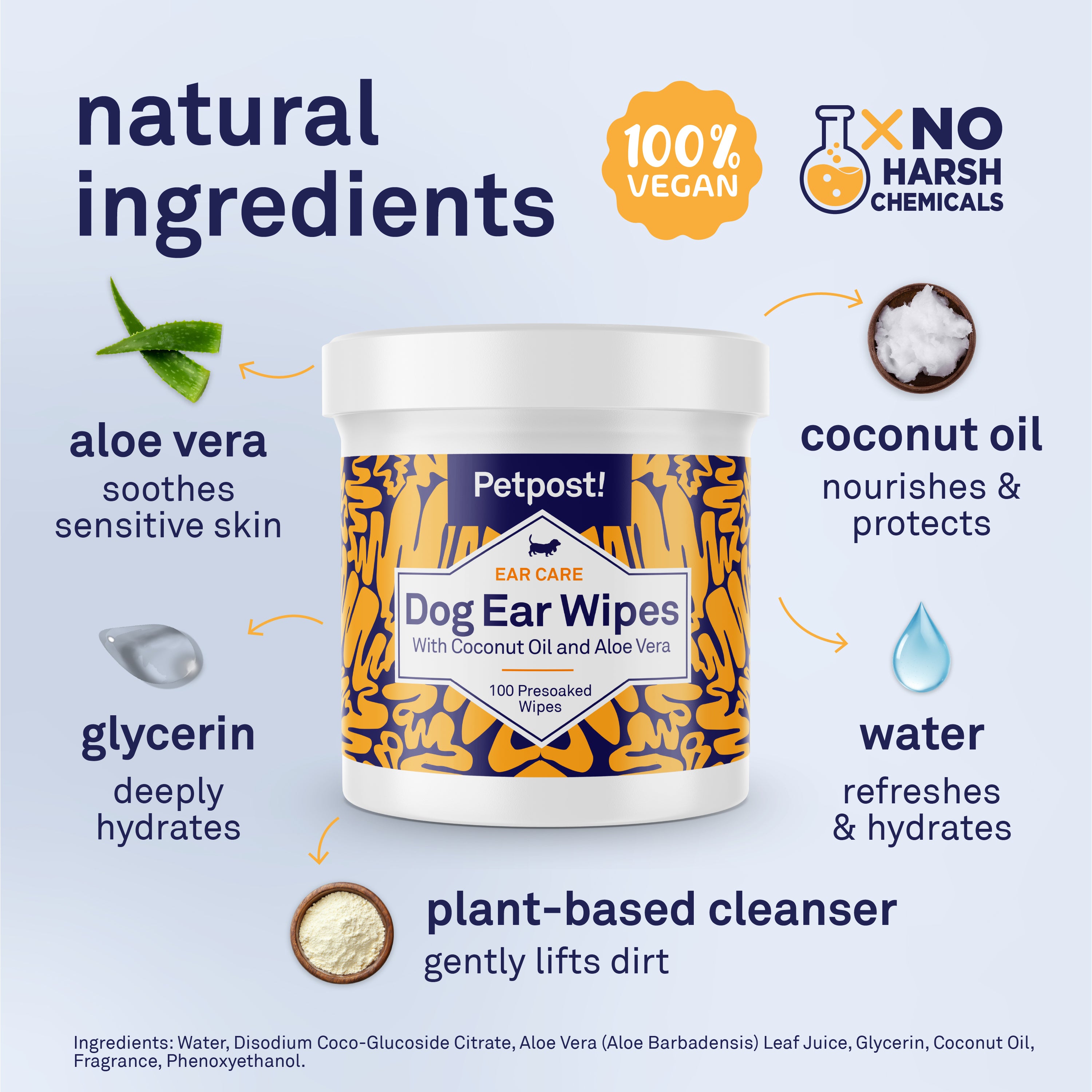Petpost Dog Ear Cleaner Wipes - 100 Soft Cotton Pads with Coconut Oil & Aloe Solution - Alcohol-Free Daily Cleanser for Wax, Dirt & Odor - Safe for All Breeds