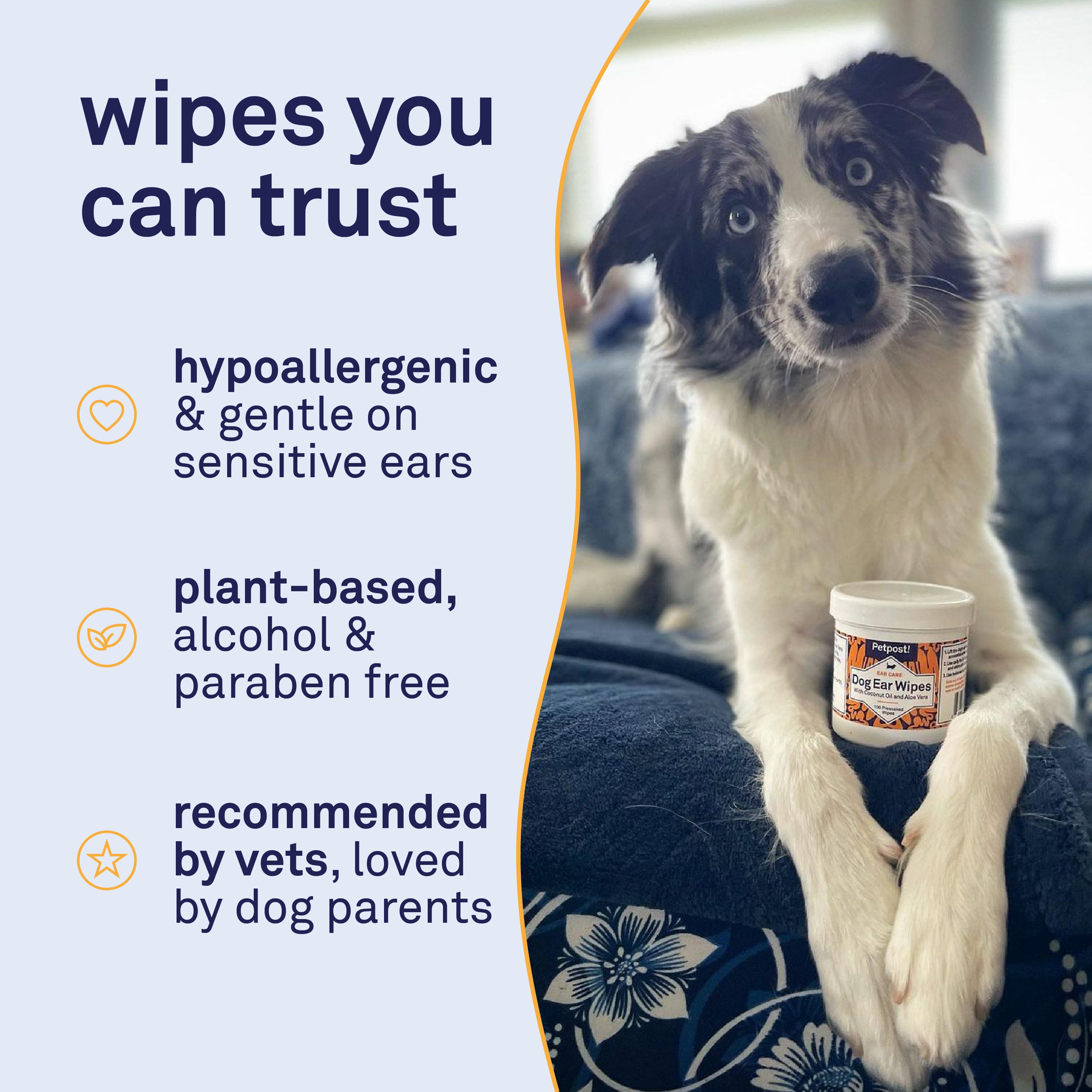 Petpost Dog Ear Cleaner Wipes - 100 Soft Cotton Pads with Coconut Oil & Aloe Solution - Alcohol-Free Daily Cleanser for Wax, Dirt & Odor - Safe for All Breeds