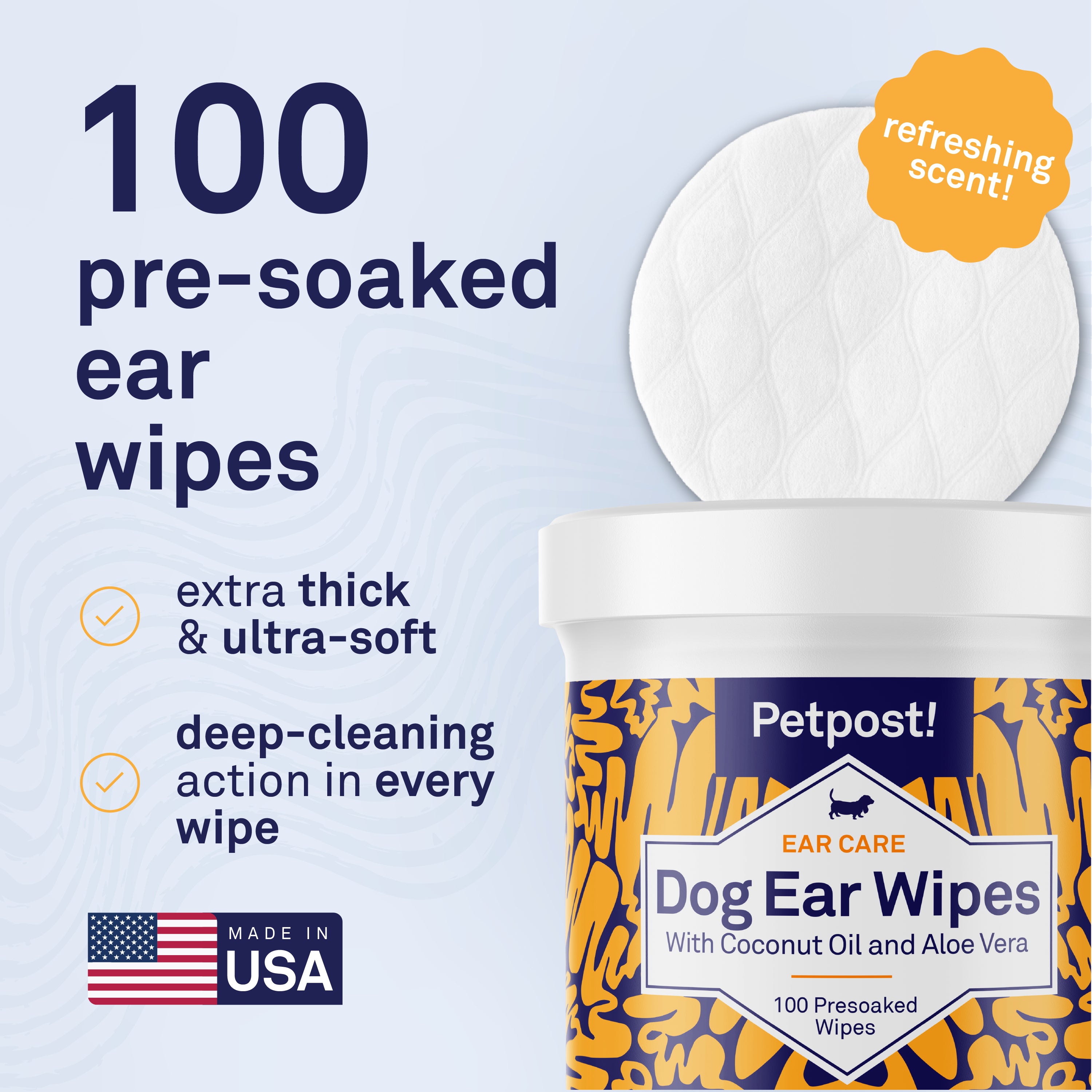 Petpost Dog Ear Cleaner Wipes - 100 Soft Cotton Pads with Coconut Oil & Aloe Solution - Alcohol-Free Daily Cleanser for Wax, Dirt & Odor - Safe for All Breeds